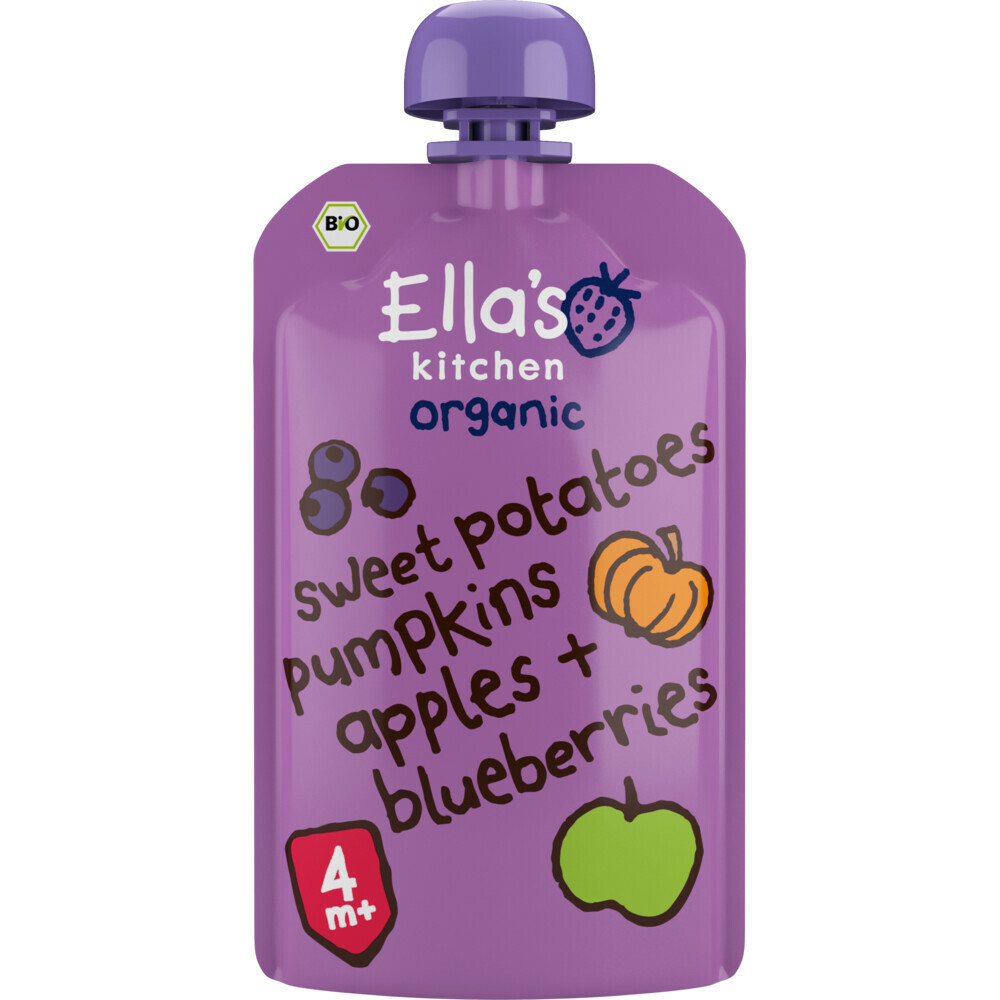 Ella's Kitchen Knijpzakje 4+ m Appel Zoete aardappel Pompoen Bosbessen 120 gr