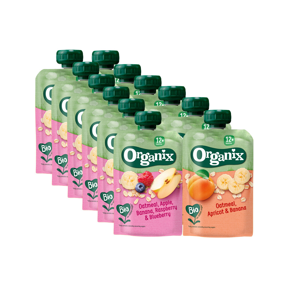Organix Knijpfruitpakket 12+m Haver - Havermout Abrikoos&Banaan 6x 100 gr&Havermout Appel Banaan Framboos&Bosbes 6x 100 gr - Pakket Pakket