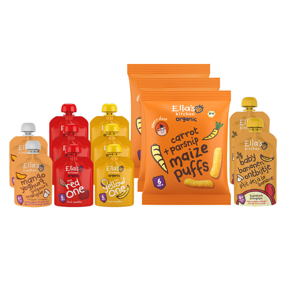 Ella's Kitchen 6 + m 13 stuks Knijpzakjes + Snacks Pakket