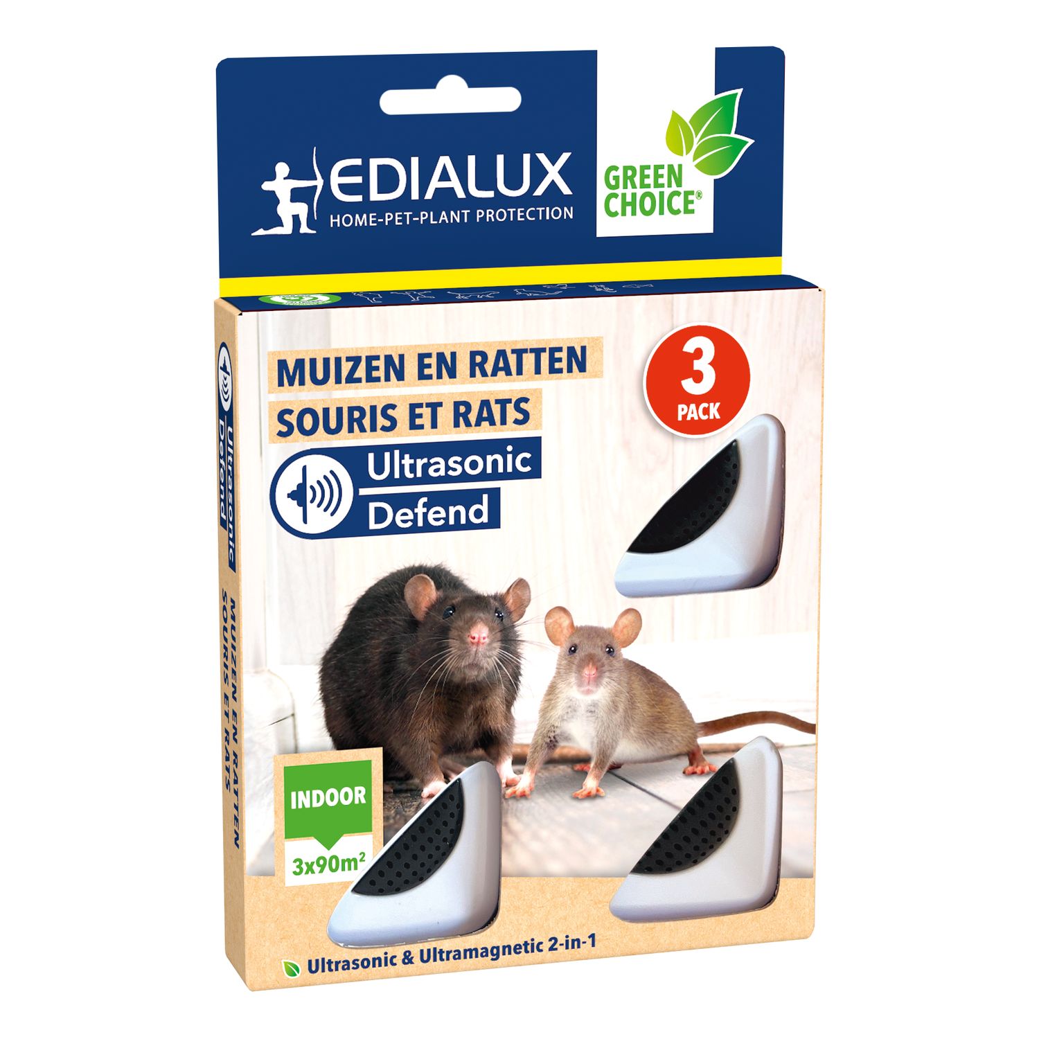 Edialux Ultrasone Verjager Muizen/ratten Ultrasonic Defend - 3 Stuks
