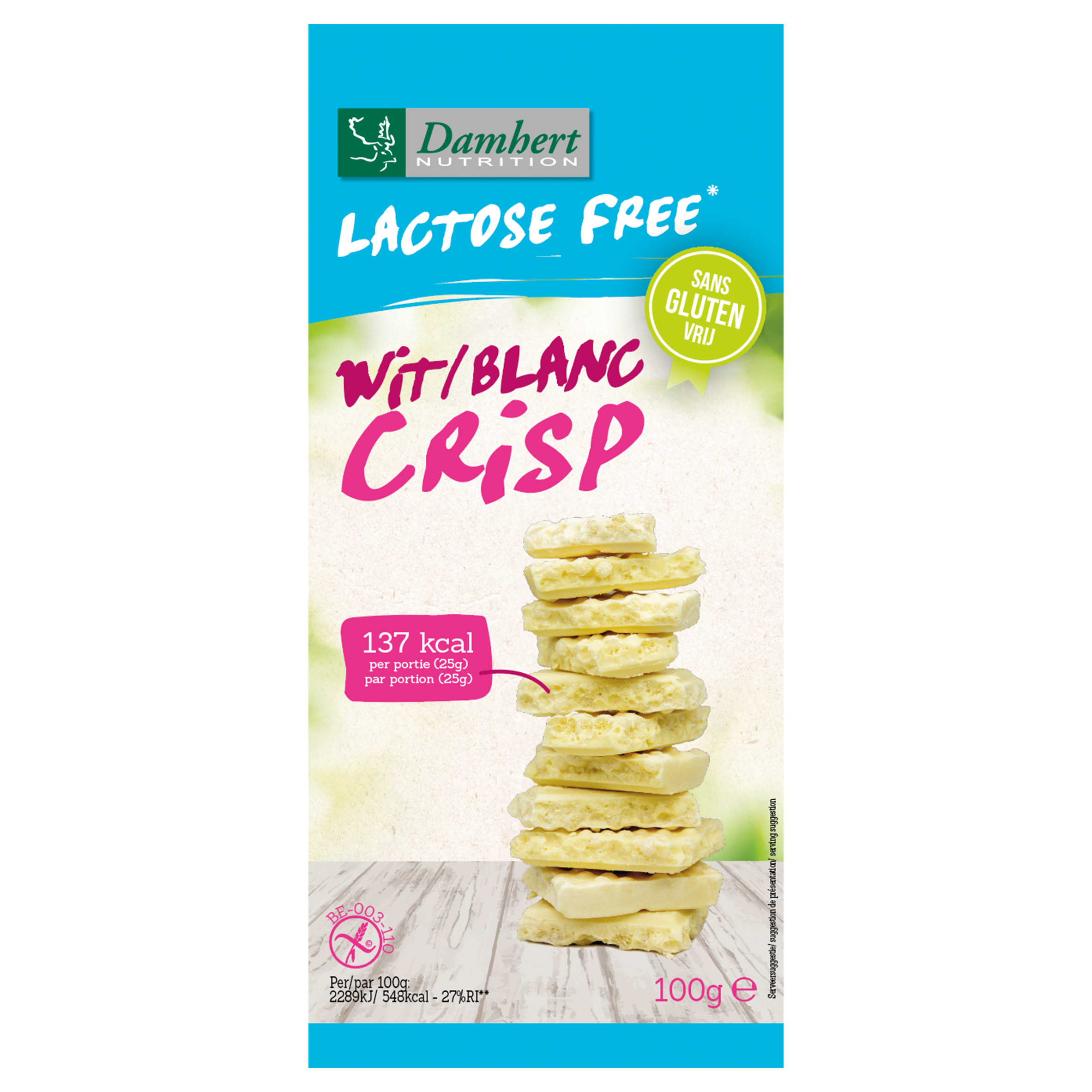 Damhert Lactose- en Glutenvrij Chocoladetablet Wit Crisp