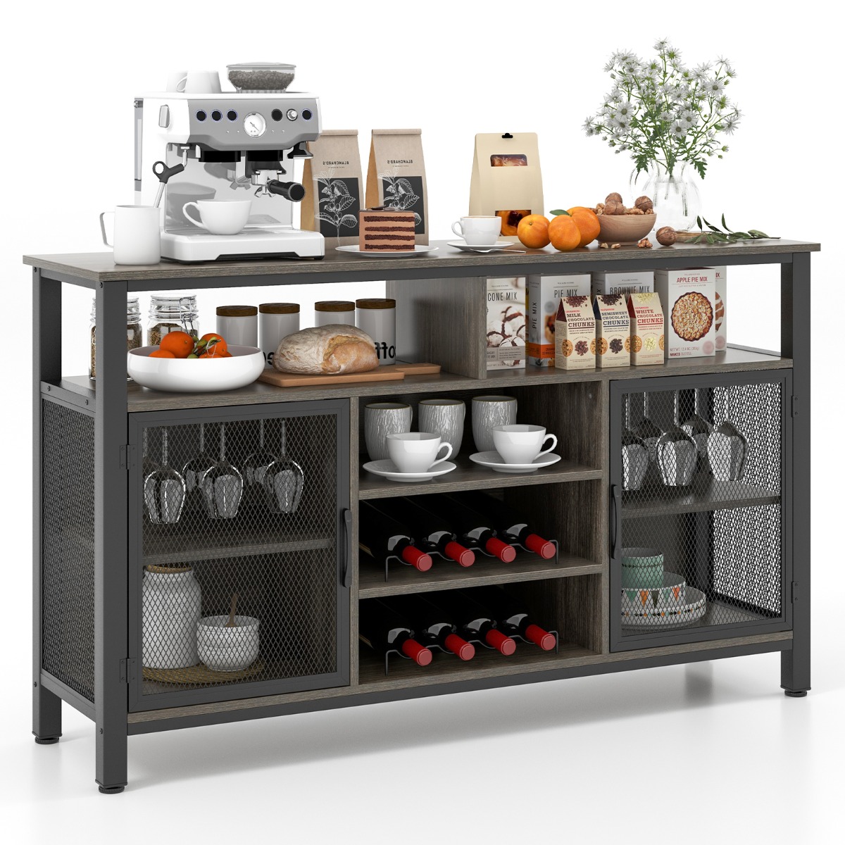 Costway 140 cm Wijnbar Kast Wijnrek voor 8 Flessen 6 Rijen Glazen Houders Metalen Gaasdeuren voor Keuken Eetkamer Woonkamer Grijs