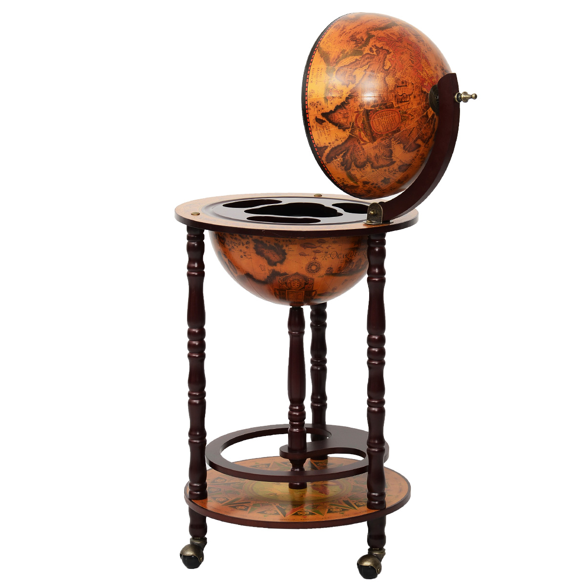 Costway Wereldbol Hout Wijnbar Standaard 16e Eeuw Italiaans rek Drankfles Plank met Wielen (Retro Bruin)