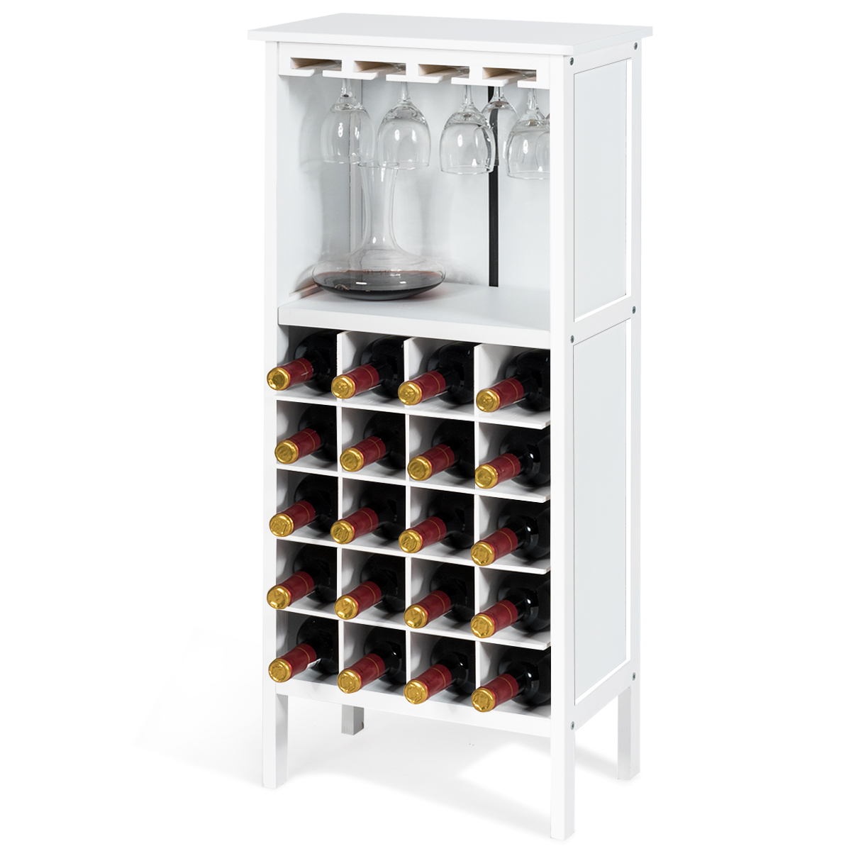Costway Wijnkast voor 20 Flessen Wijn Fles Organisator Opslag Plank Weergeven Houten Wijnrek met Glas Hanger en Fles Houder Wit/Zwart/Wijnrood