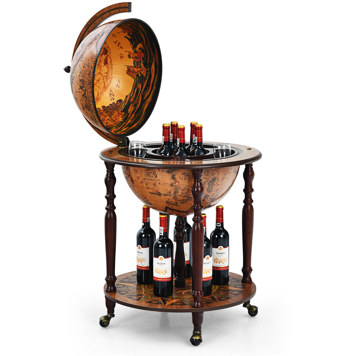 Costway Barwagen met Wielen en Deksel Huisbar Servicewagen Wereldbol Wereldbol Wijnkast voor Flessen Ø 60,5 x 95,5 cm Bruin