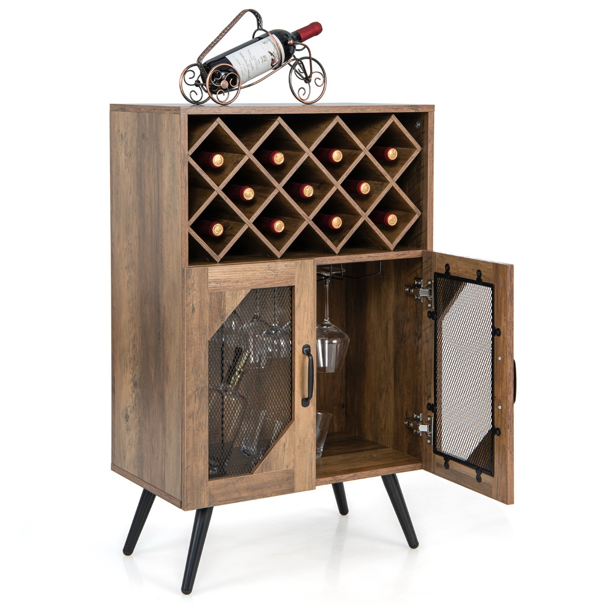 Costway Vintage Wijnkast met Afneembaar Wijnrek en Geïntegreerde Glashouders Barkast Hout Sideboard voor 11 Flessen Wijn en 6-9 Wijnglazen