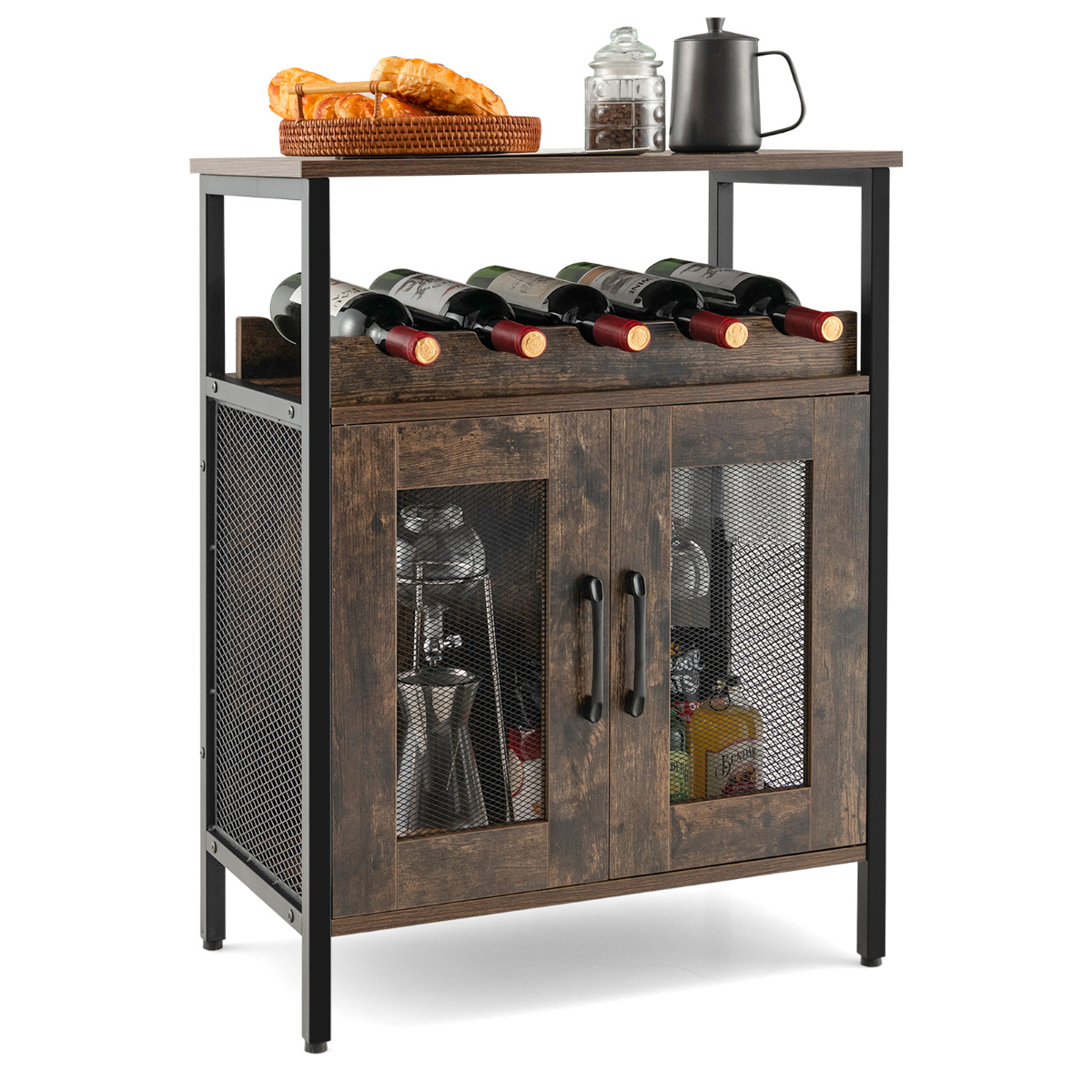 Costway Barkast met Opbergrek Wijnbar Kast Drankkast met Uitneembare Flessenhouder en Glazenhouder Rustiek Bruin