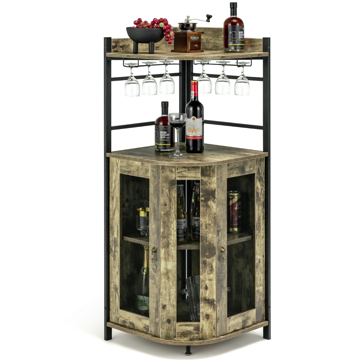 Costway Wijnkast Industrieel Barkast met Glazen Houder Keukenkast Hoek Metalen Frame 46 x 46 x 130 cm
