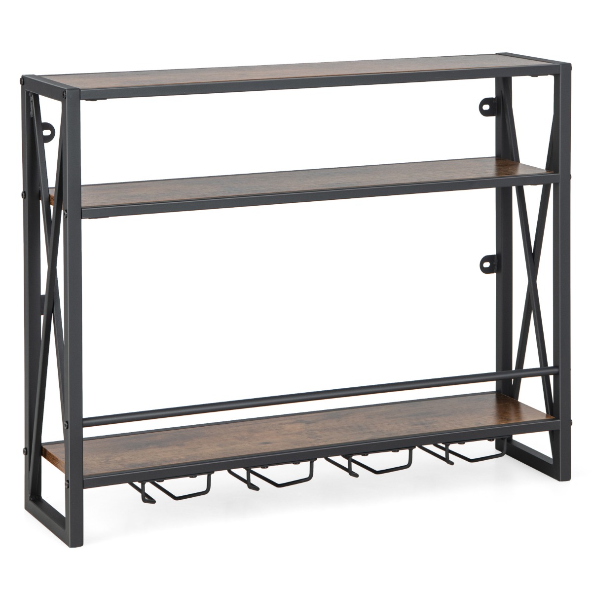 Costway Wijnrek met 3 Niveaus Houten Flessenrek met Metalen Frame met 4 Rijen Wijnglazenhouder Ideaal voor Thuis Bar Keuken Restaurant