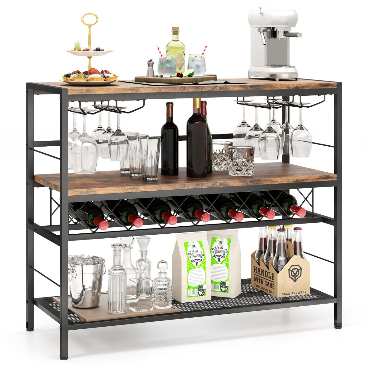 Costway Huisbar Kast met 4 Rijen Glashouder en Wijnrek voor 7 Wijnflessen Keukenrek 4 Niveaus Metalen Frame voor Keuken Woonkamer Bruin