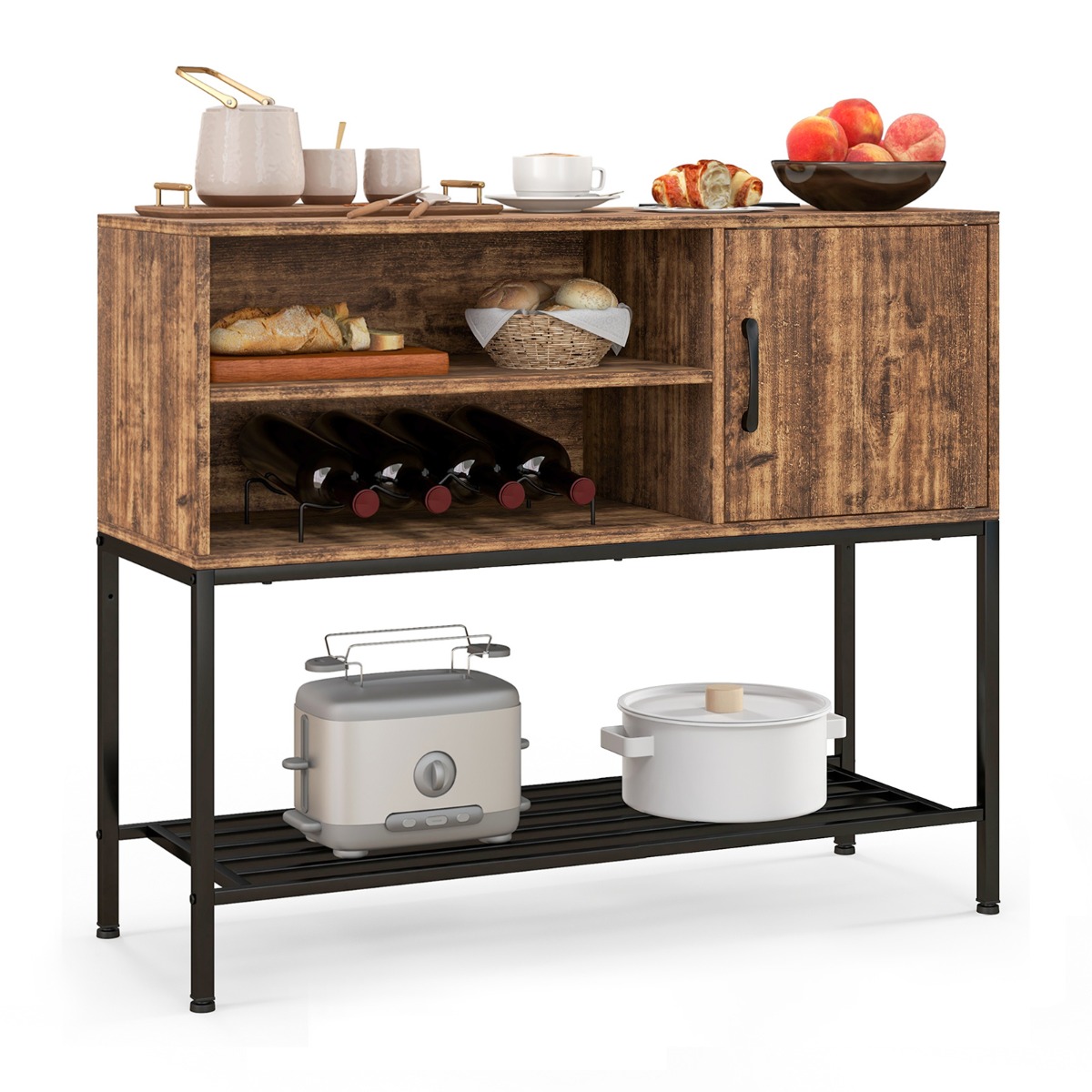Costway Barkast met Wijnrekken en Planken Houten Consoletafel met Metalen Frame voor Eetkamer Woonkamer en Entree