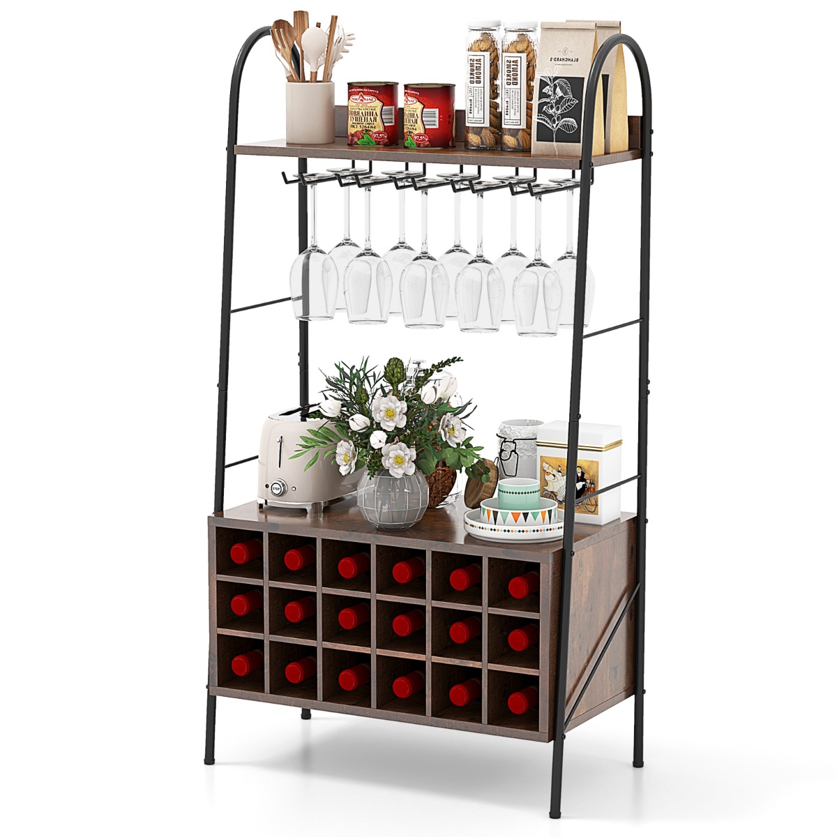 Costway Flessenhouder met Glashouder 18 Flessen & 15 Glazen Uitneembaar Wijnrek Keukenopbergplanken Bar 32 x 63 x 114,5 cm Rustiek Bruin