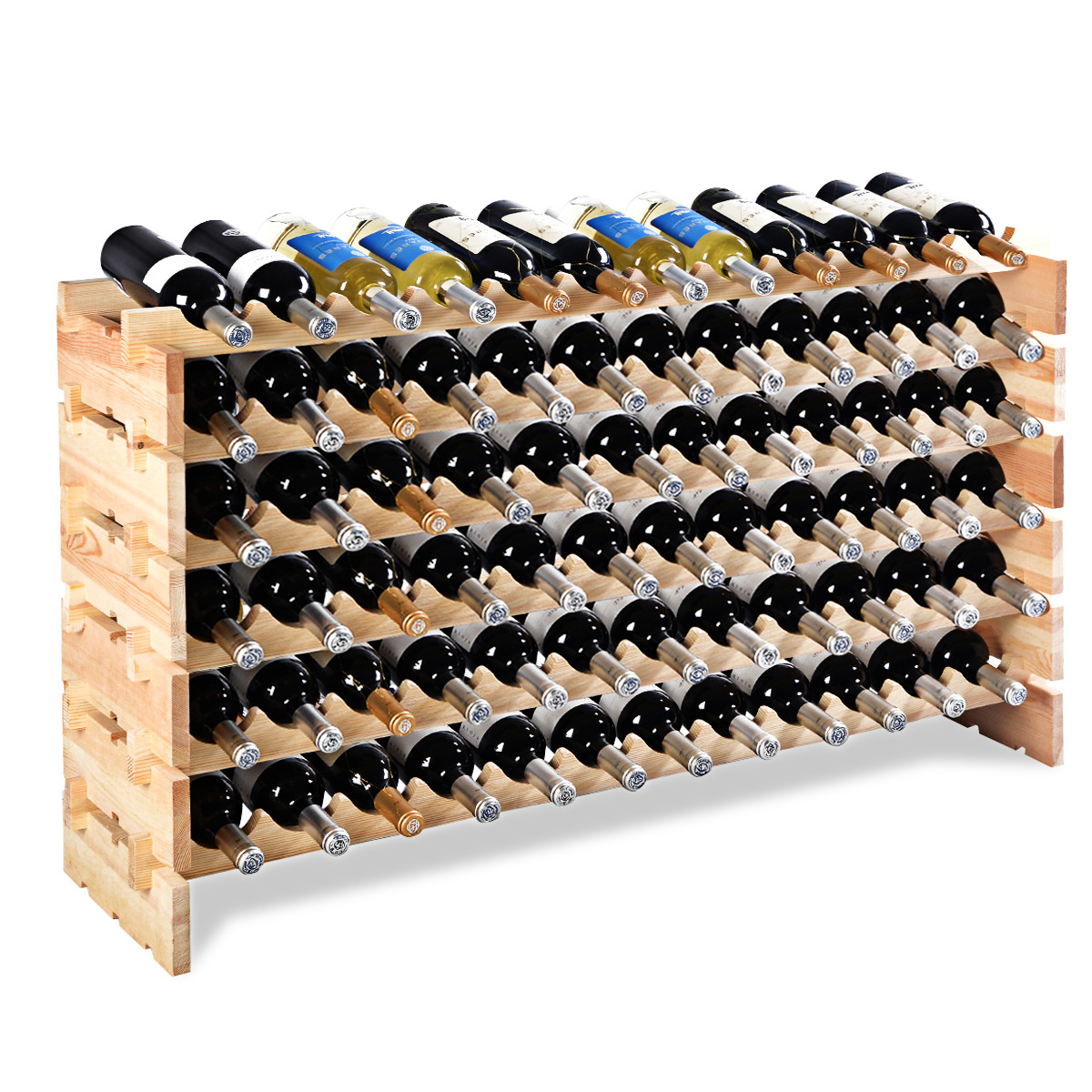 Costway Houten Flessenrek Wijnrek 72 Fles Capaciteit Wijnopslag Rek Wijn Display Planken Flessenstandaard met 6 Hoogtes naar Keuze