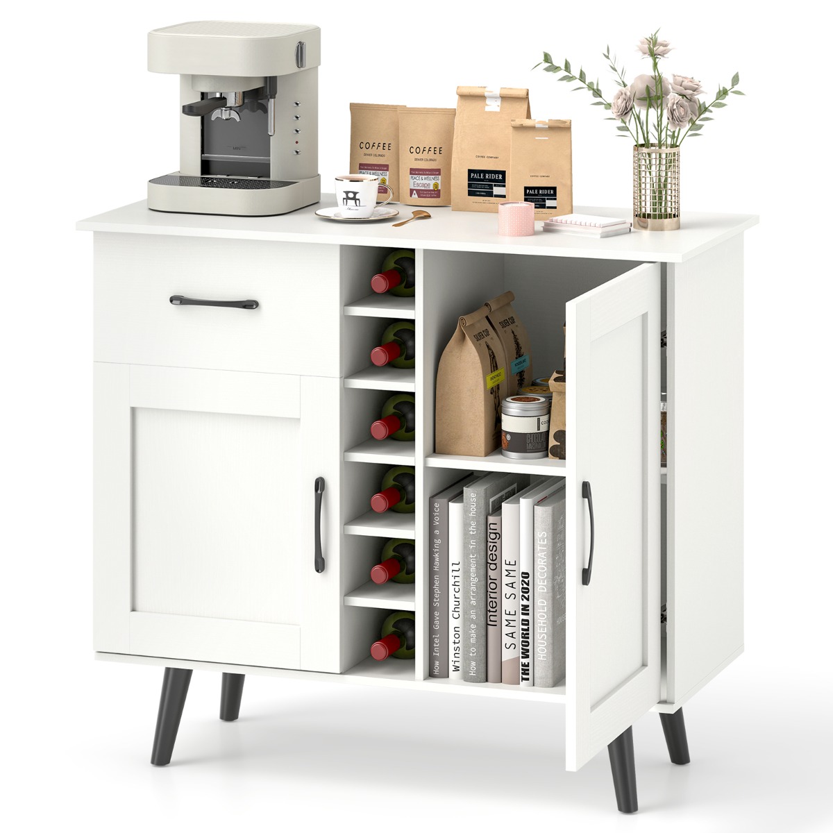 Costway Modern Dressoir met Wijnrek voor 6 Flessen en 2 Verstelbare Planken Opbergmeubel voor in de Keuken Woonkamer of Eetkamer Wit