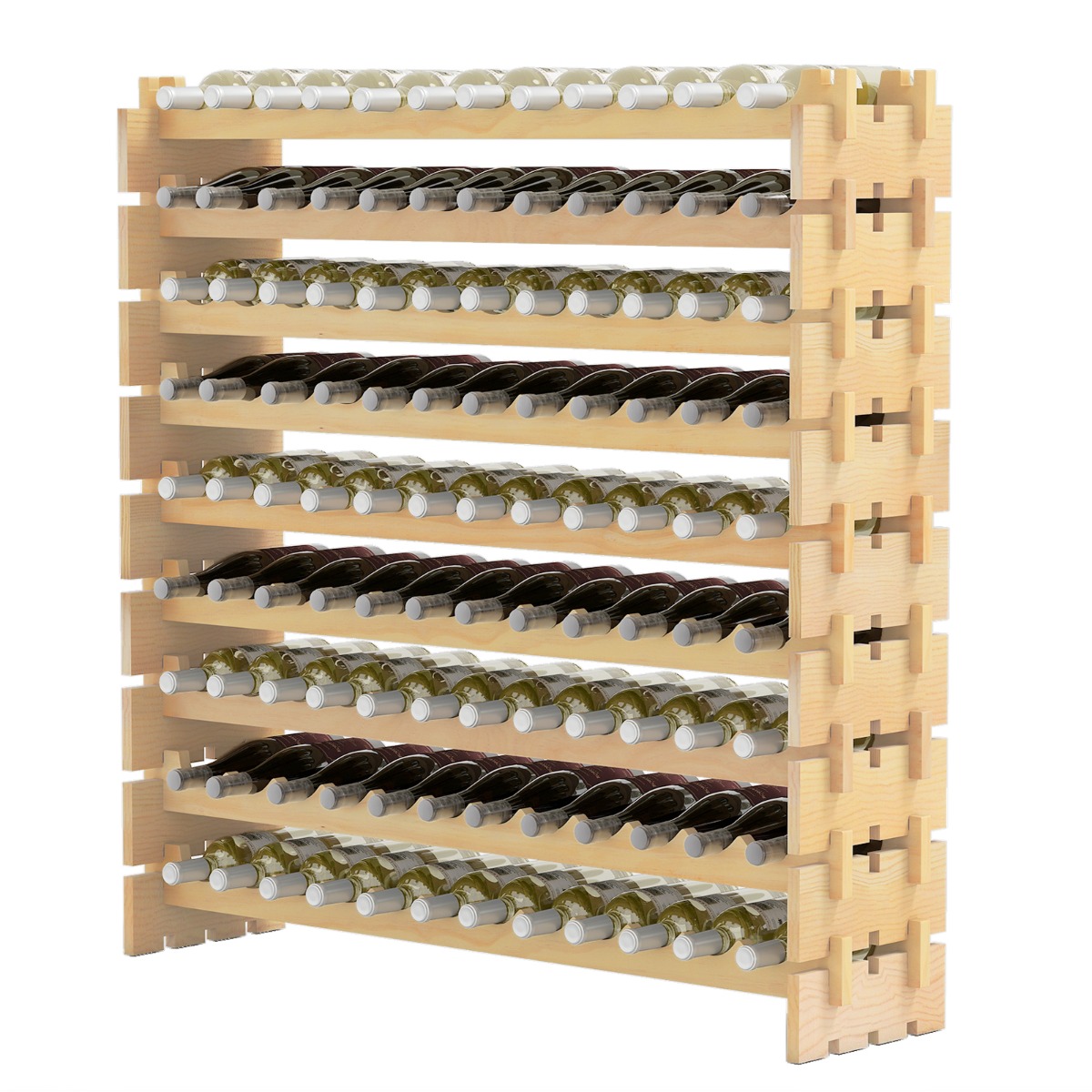 Costway Wijnrek voor 108 Flessen 9-laagse Stapelbare Flessenhouder van Massief Hout Wijnflesrek voor Keuken 120 x 29 x 118 cm