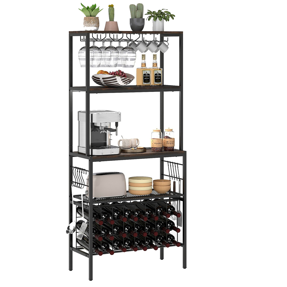 Costway Wijnrek met Stopcontact & Glas- & Kopjeshouders & 8 Haken Magnetronstandaard Rustiek Bruin