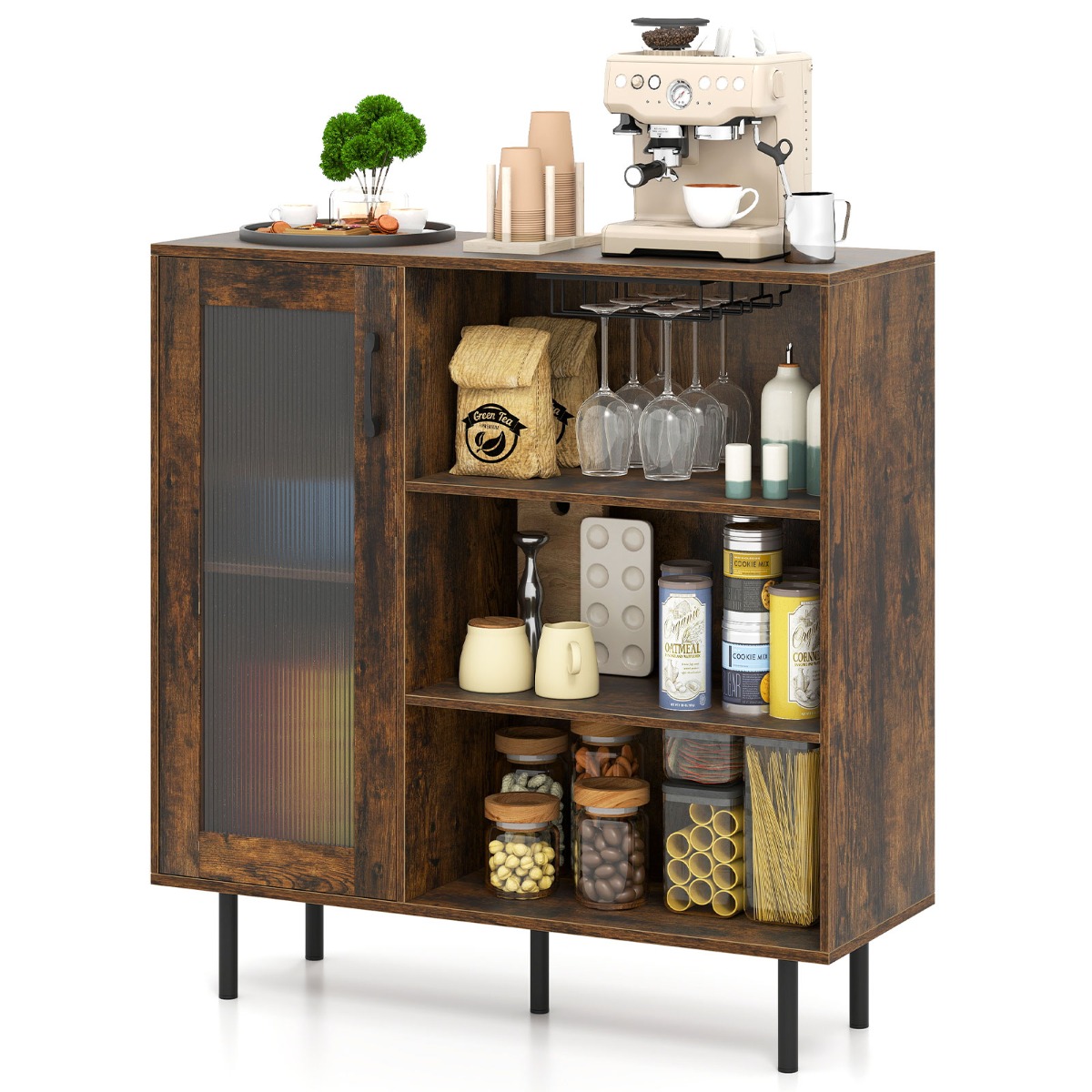 Costway Keuken Dressoir met Deur Koffiebarkast Verstelbare Plank en Wijnglashouder Keukenopbergmeubel Bruin
