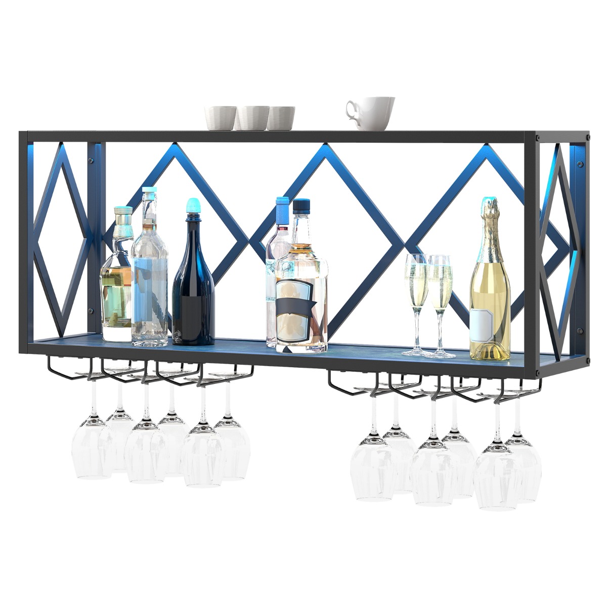 Costway Wand Wijnrek met LED Verlichting & 6 Rijen Wijnglas Houders 2 Niveaus Houten Flessenrek