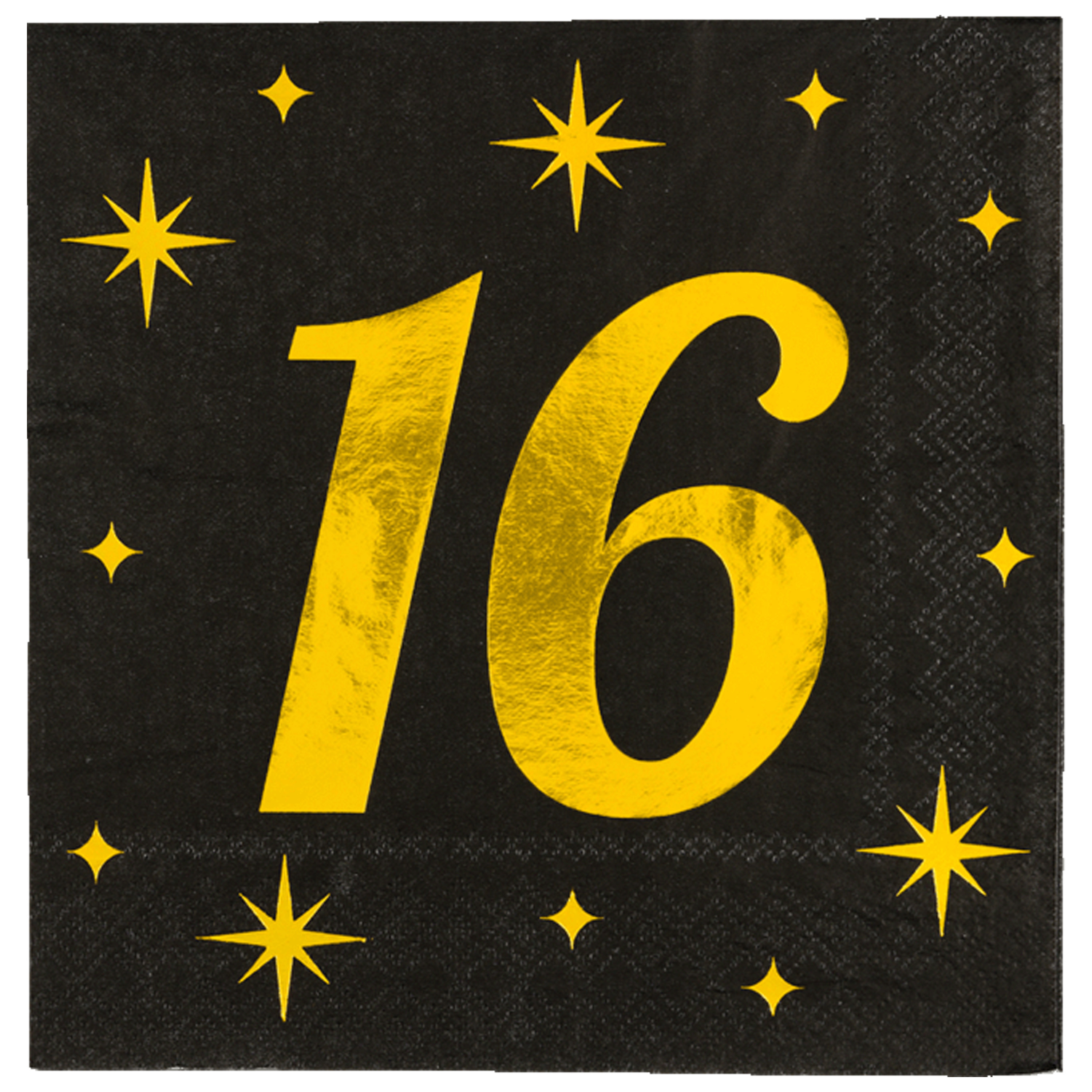 Paperdreams Verjaardag feest servetten - leeftijd 16 jaar - 16x stuks - zwart/goud - sterren - 33 x 33 cm -