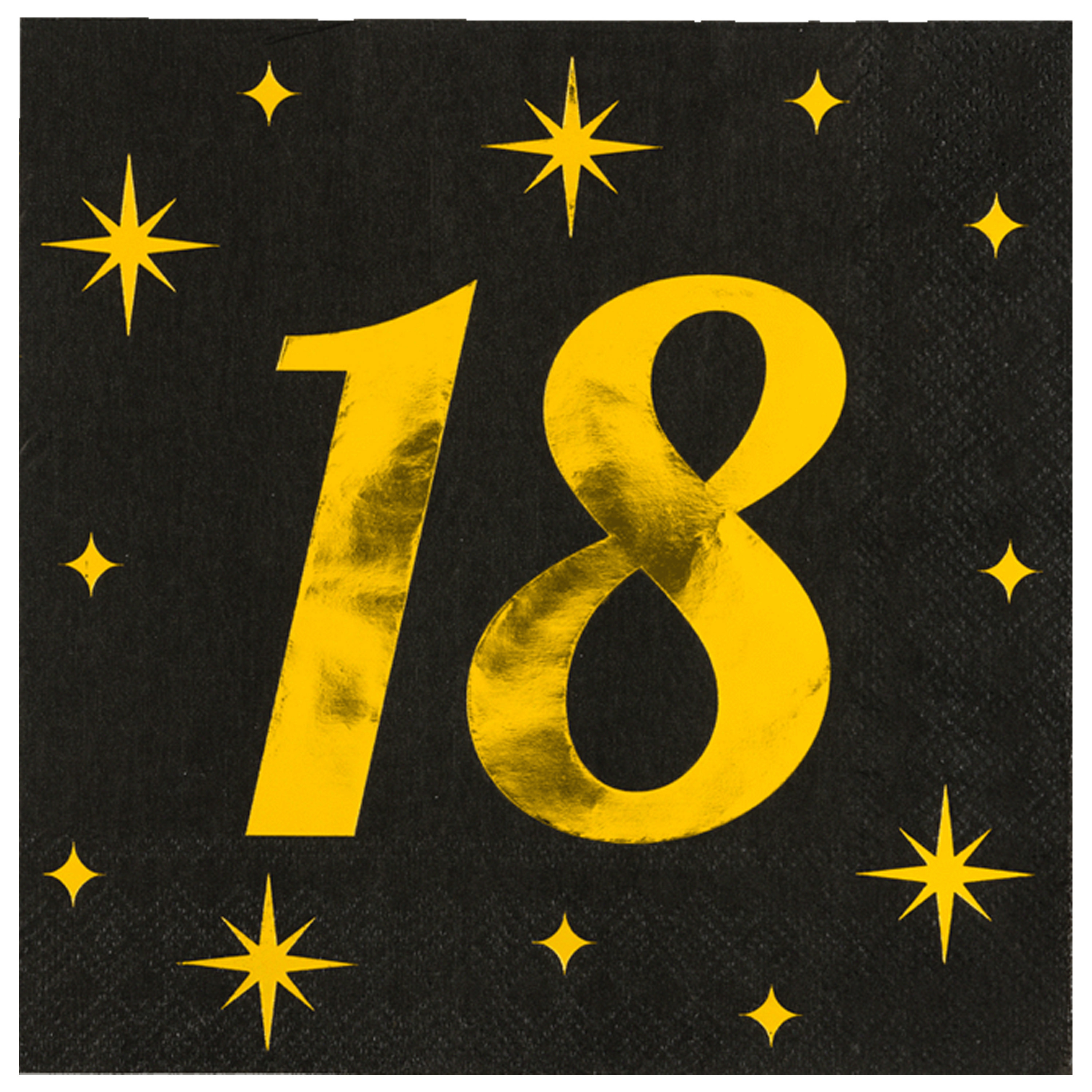 Paperdreams Verjaardag feest servetten - leeftijd 18 jaar - 16x stuks - zwart/goud - sterren - 33 x 33 cm -