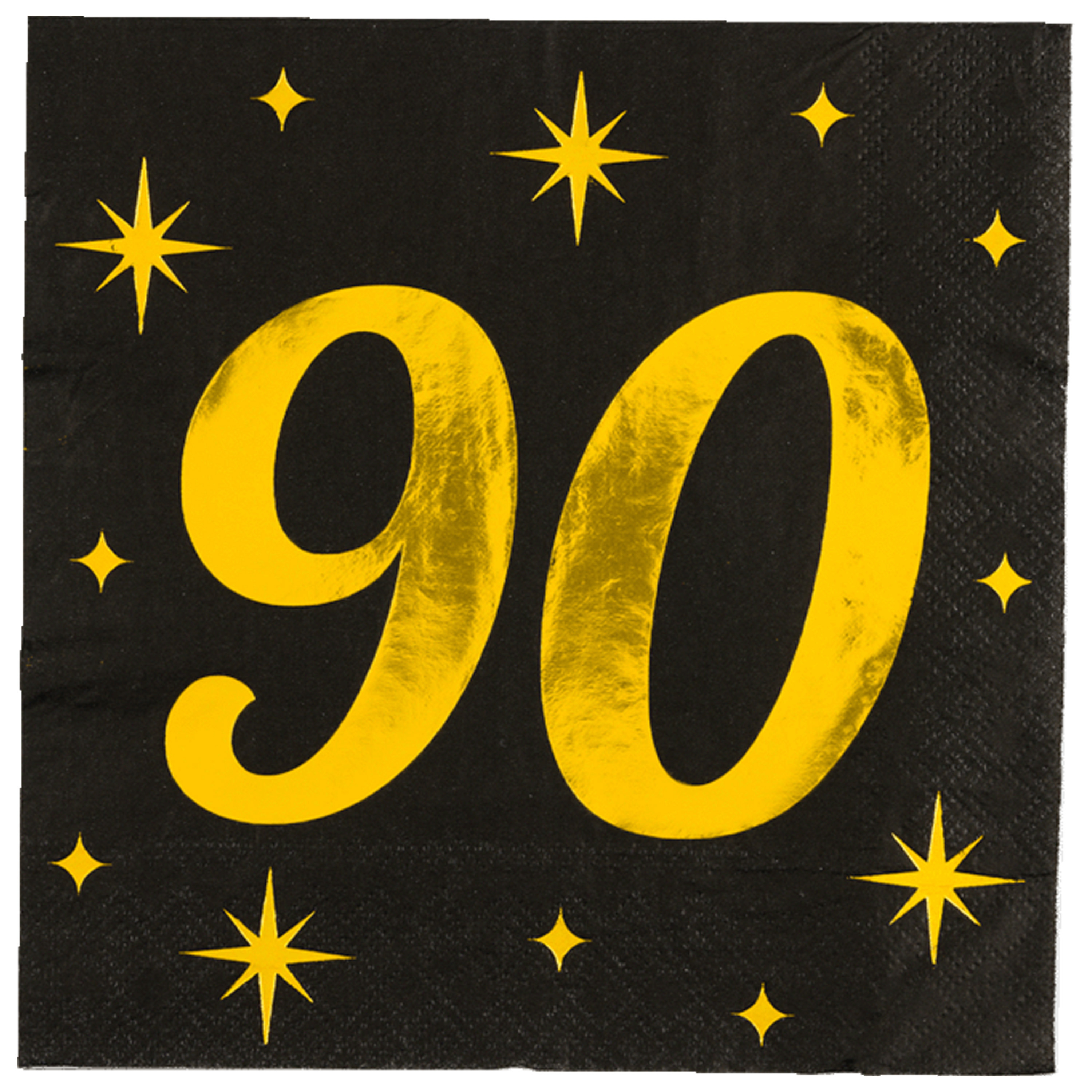 Paperdreams Verjaardag feest servetten - leeftijd 90 jaar - 16x stuks - zwart/goud - sterren - 33 x 33 cm -