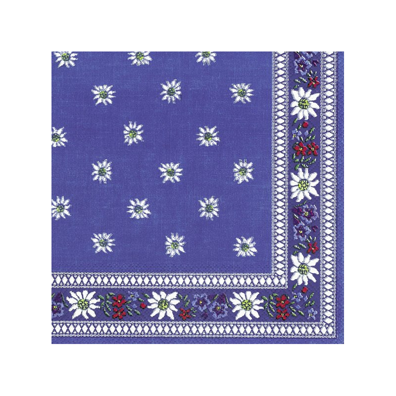 Ihr tafel servetten - 20x Edelweiss print - blauw - 3 laags - bloemen - 33 x 33 cm -