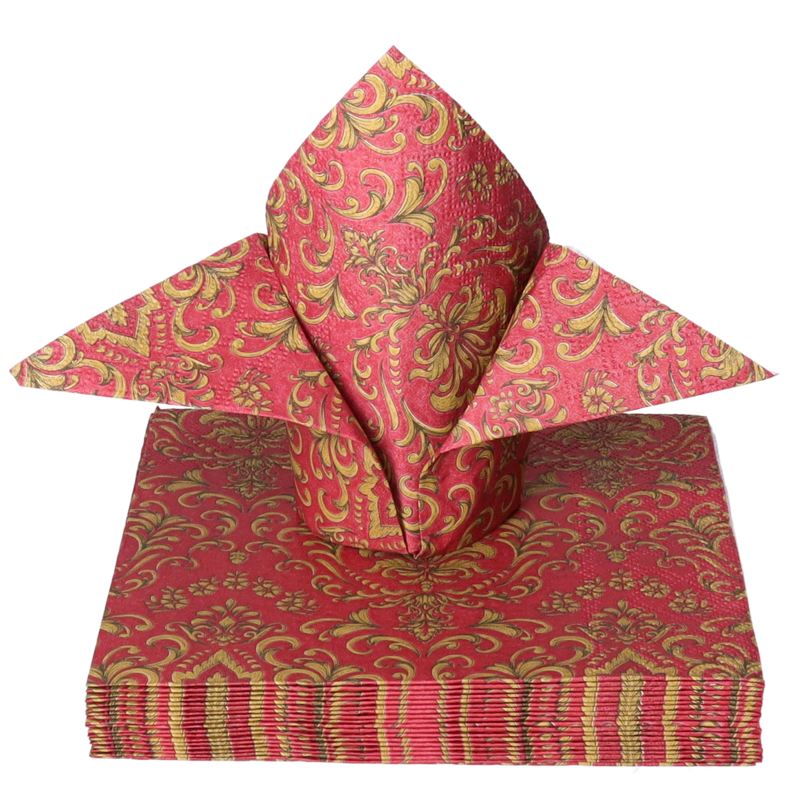 Ambiente Tafel diner servetten - Donkerrood/goud Barok patroon thema - 20x stuks - 33 x 33 cm -
