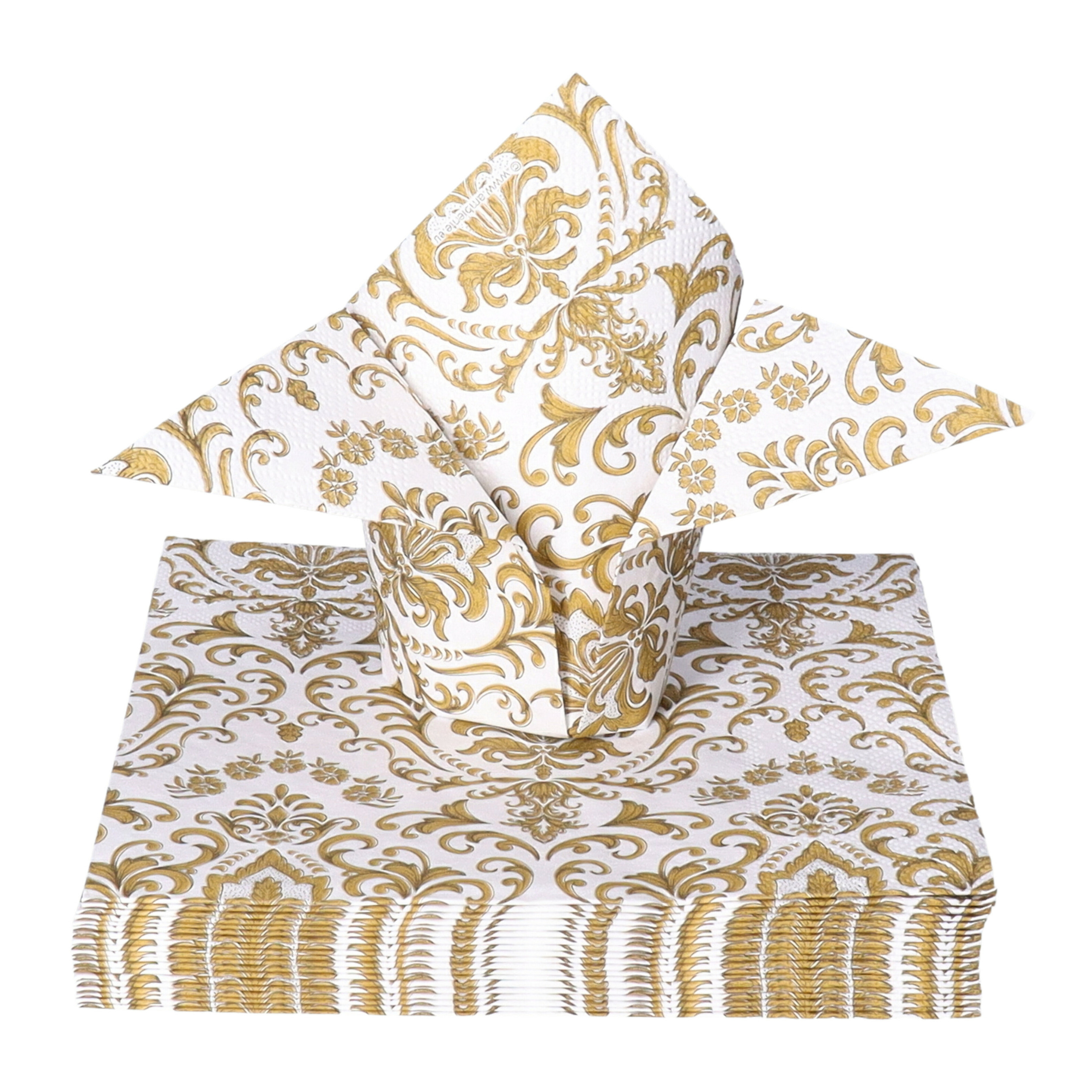 Ambiente Tafel diner servetten - Wit/goud Barok patroon thema - 20x stuks - 33 x 33 cm -
