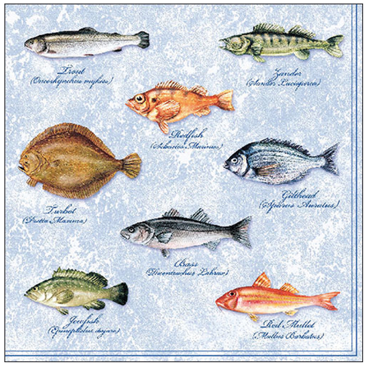 Ambiente Tafel diner/lunch servetten - 20x stuks - vissen print - 33 x 33 cm - Seafood - Maritiem -