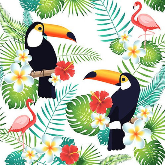 Merkloos Servetten Hawaii/jungle thema - x cm - 20x stuks - Flamingo/toekan print -