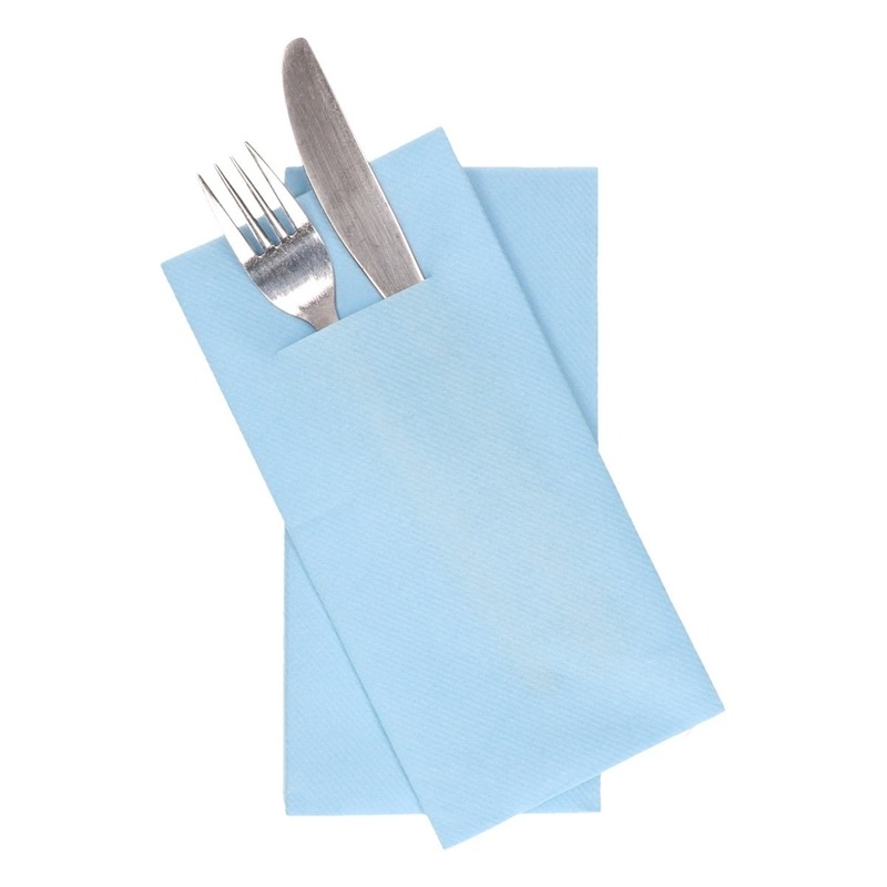 Merkloos Servetten met bestekzakje - papier - lichtblauw - 12x stuks - Tafel decoratie -