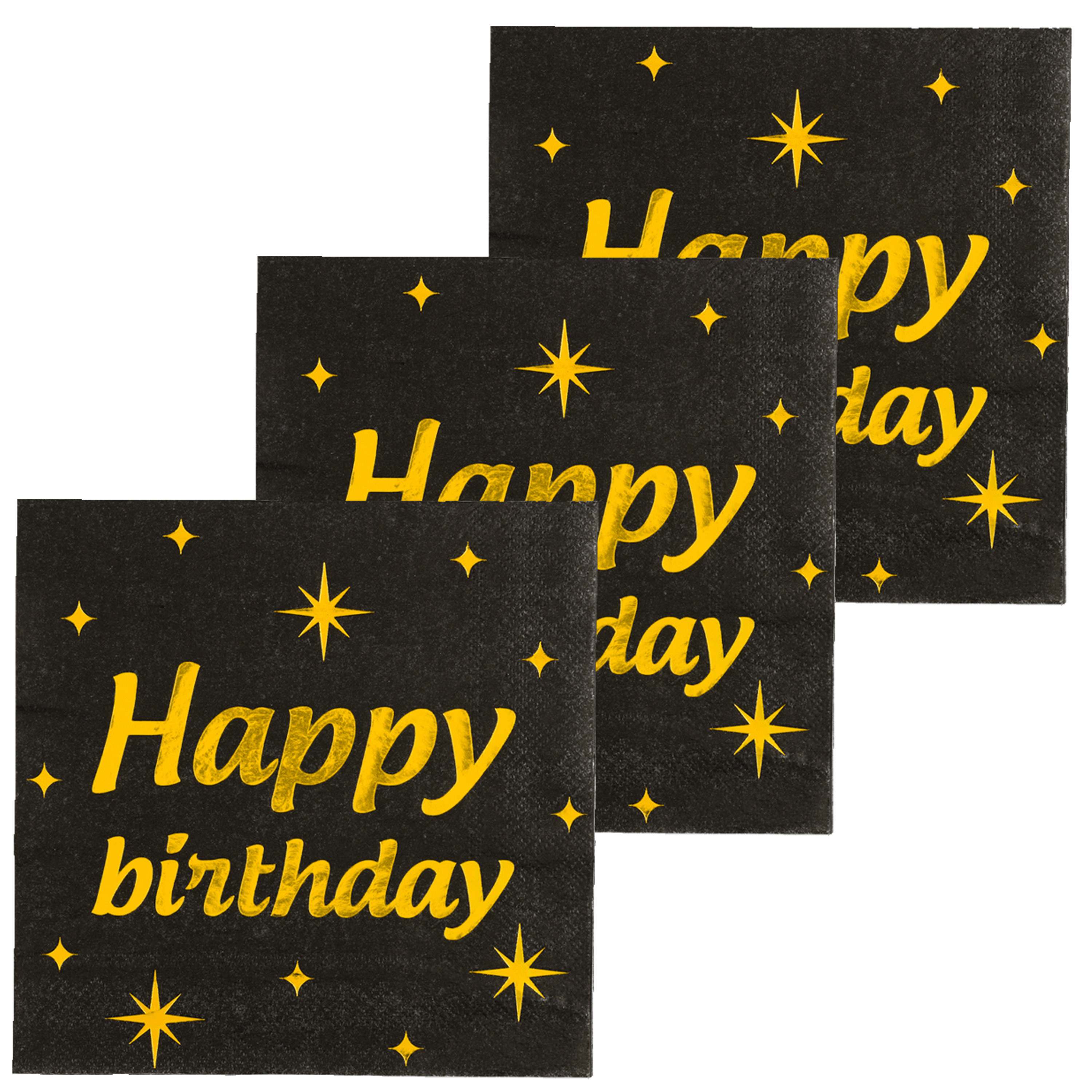 Paperdreams Verjaardag feest servetten - Happy Birthday - 48x stuks - zwart/goud - 33 x 33 cm -