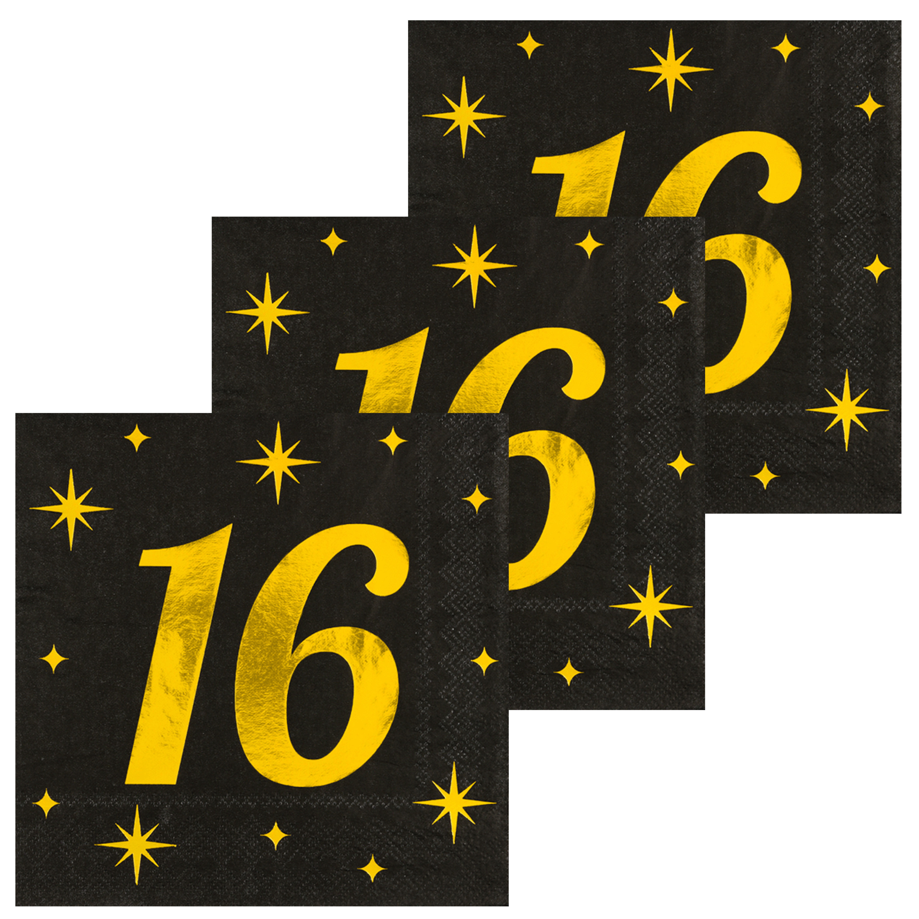 Paperdreams Verjaardag feest servetten - leeftijd 16 jaar - 48x stuks - zwart/goud - sterren - 33 x 33 cm -