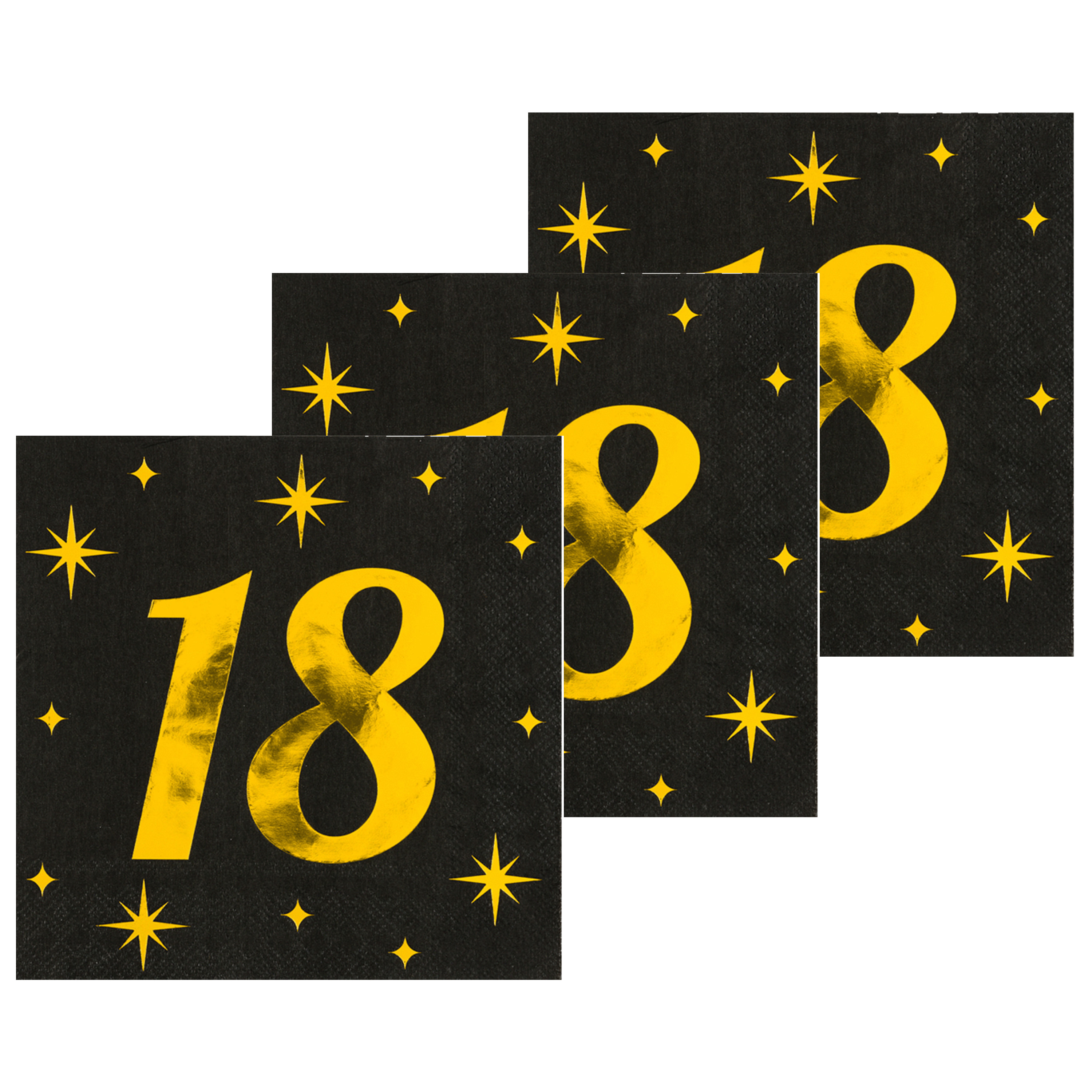 Paperdreams Verjaardag feest servetten - leeftijd 18 jaar - 48x stuks - zwart/goud - sterren - 33 x 33 cm -