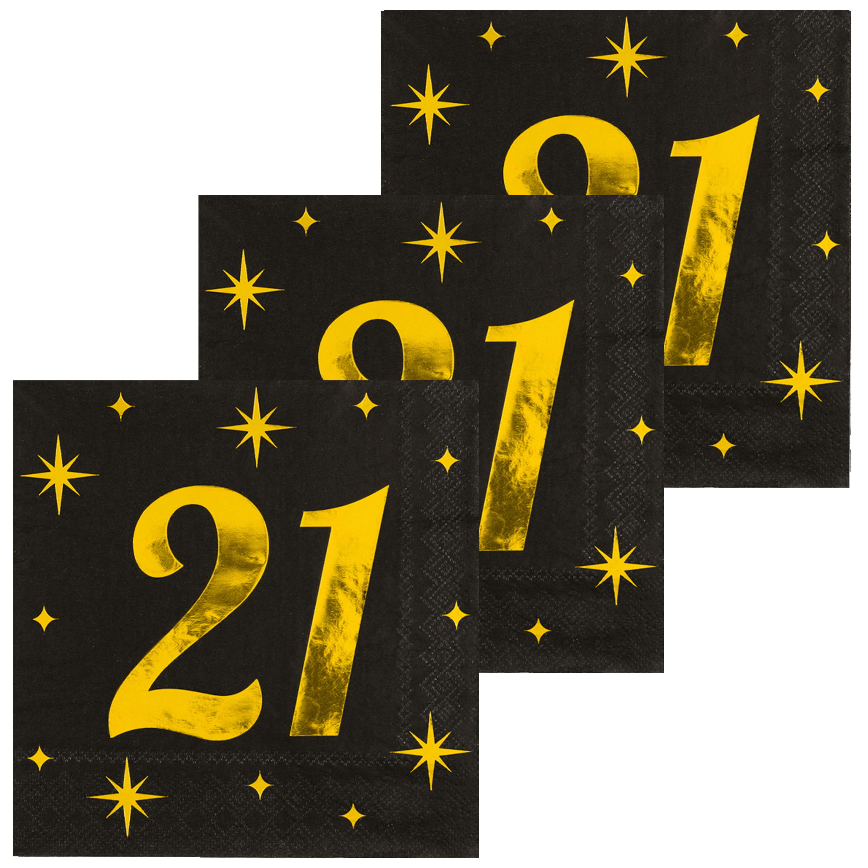 Paperdreams Verjaardag feest servetten - leeftijd 21 jaar - 48x stuks - zwart/goud - sterren - 33 x 33 cm -
