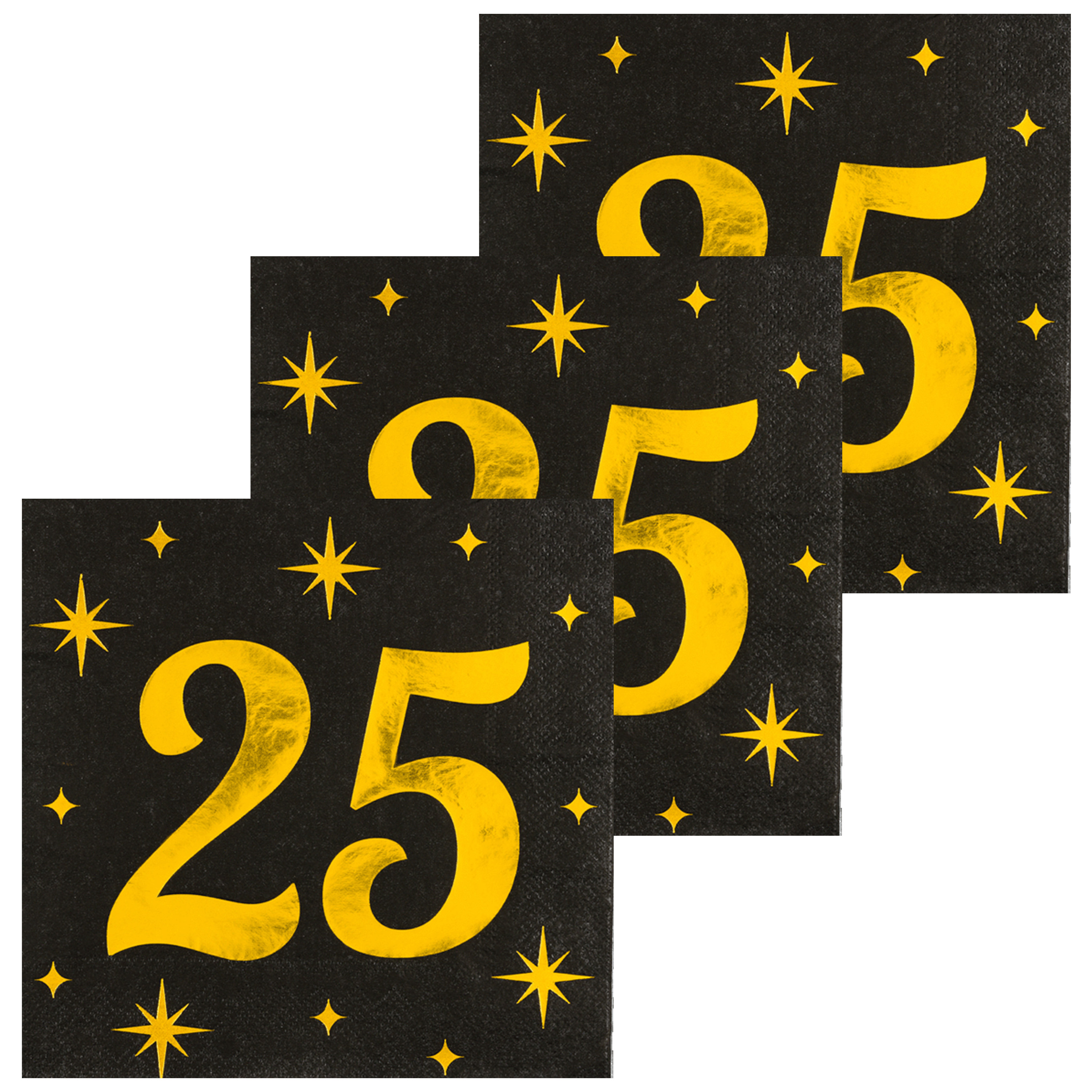 Paperdreams Verjaardag feest servetten - leeftijd 25 jaar - 48x stuks - zwart/goud - sterren - 33 x 33 cm -