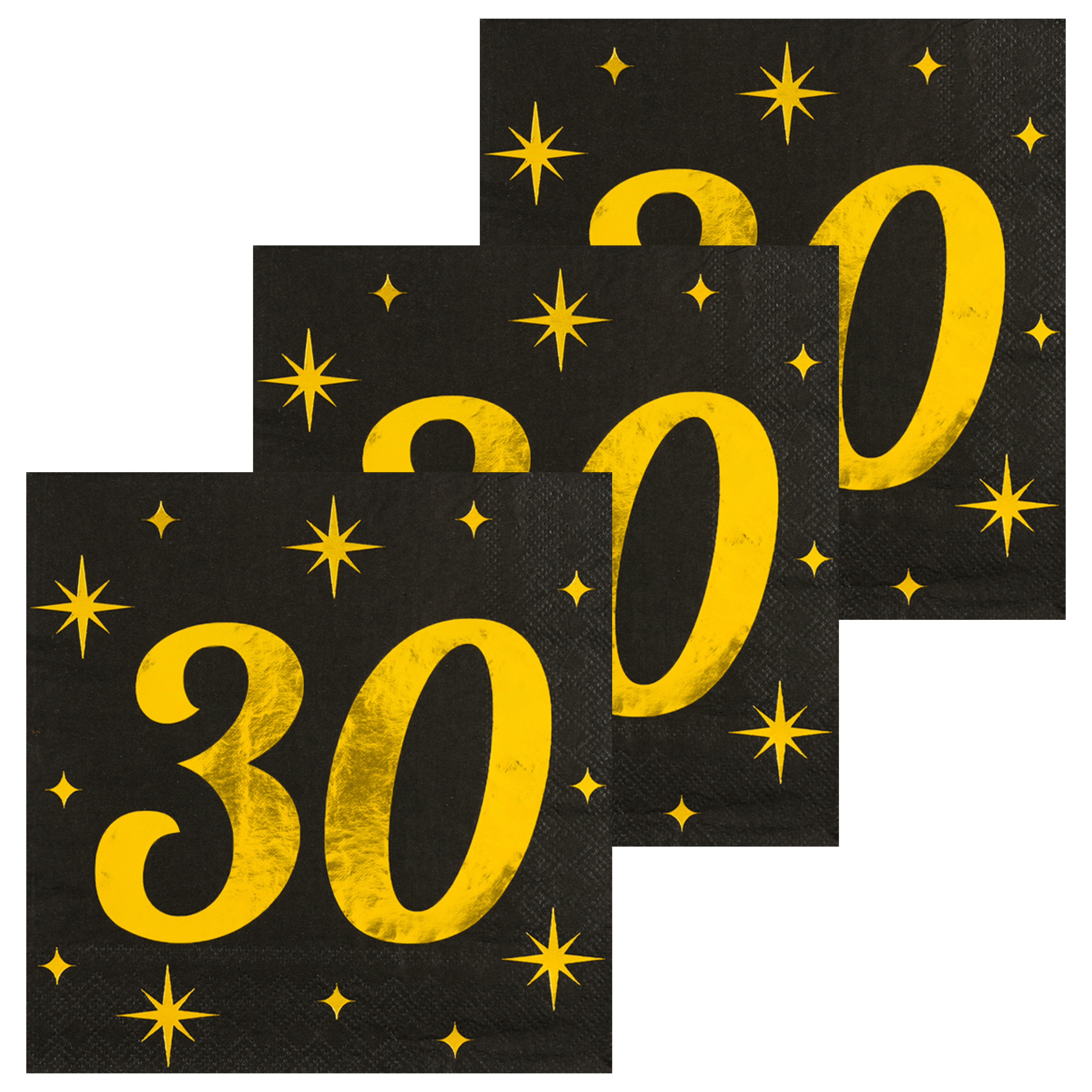 Paperdreams Verjaardag feest servetten - leeftijd 30 jaar - 48x stuks - zwart/goud - sterren - 33 x 33 cm -