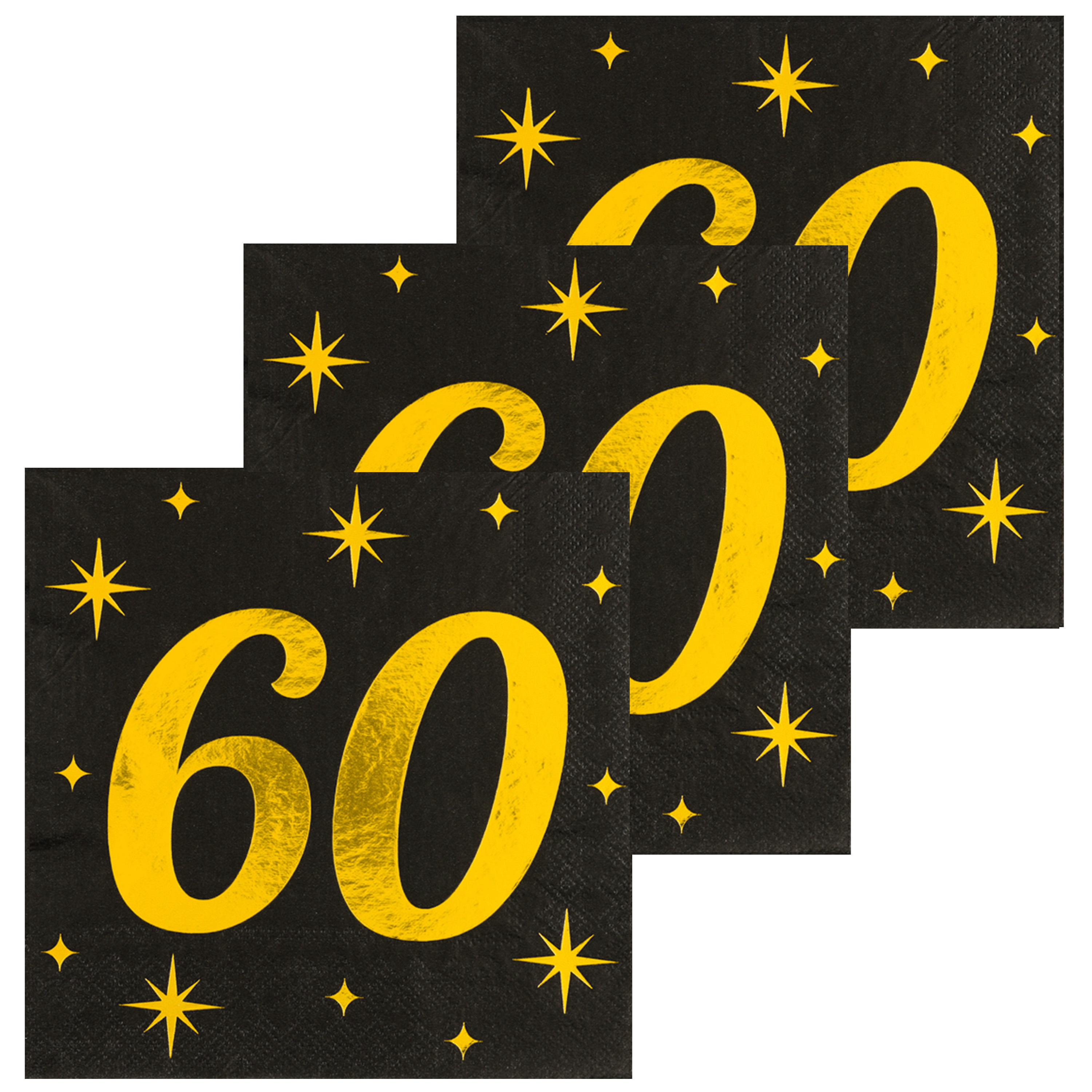 Paperdreams Verjaardag feest servetten - leeftijd 60 jaar - 48x stuks - zwart/goud - sterren - 33 x 33 cm -
