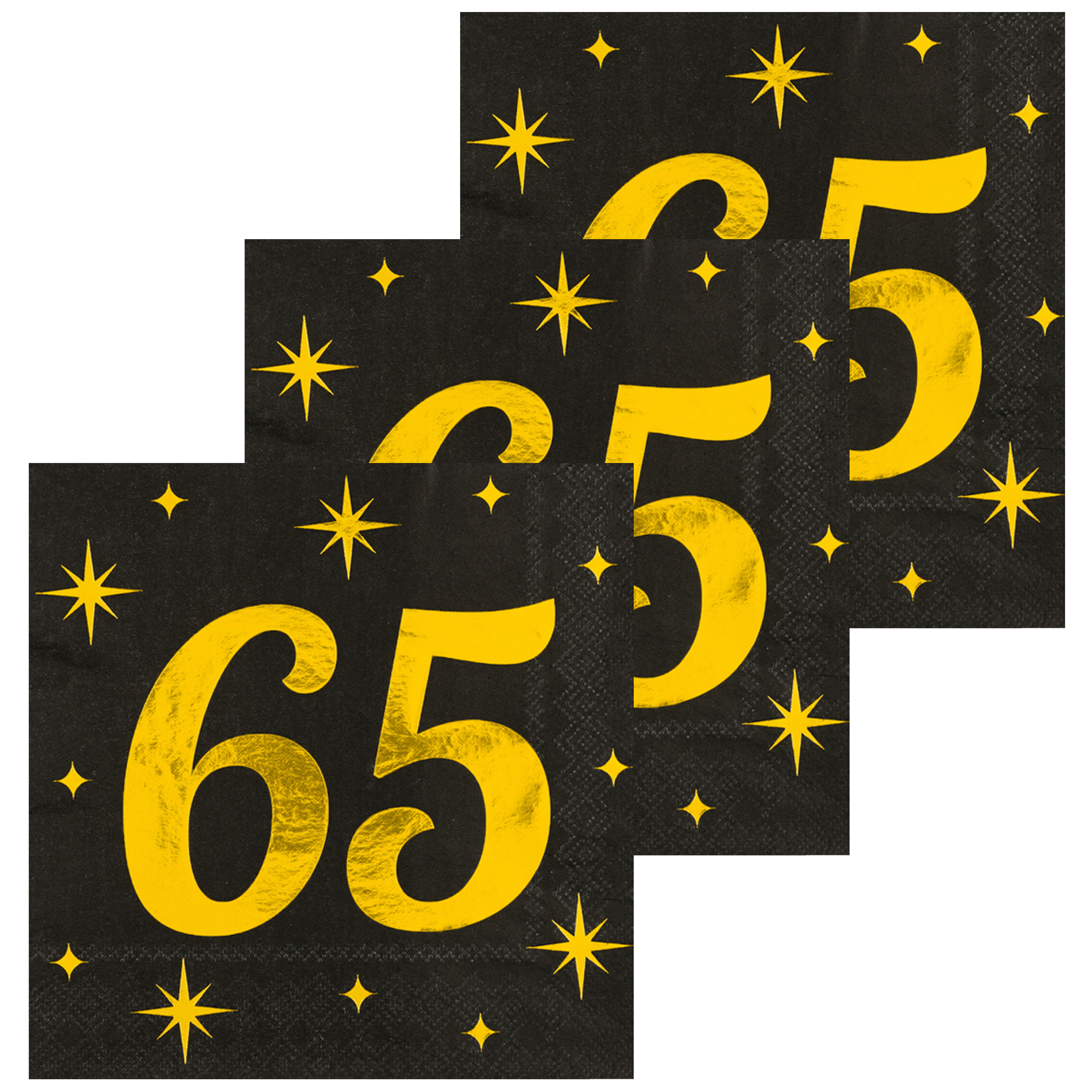Paperdreams Verjaardag feest servetten - leeftijd 65 jaar - 48x stuks - zwart/goud - sterren - 33 x 33 cm -