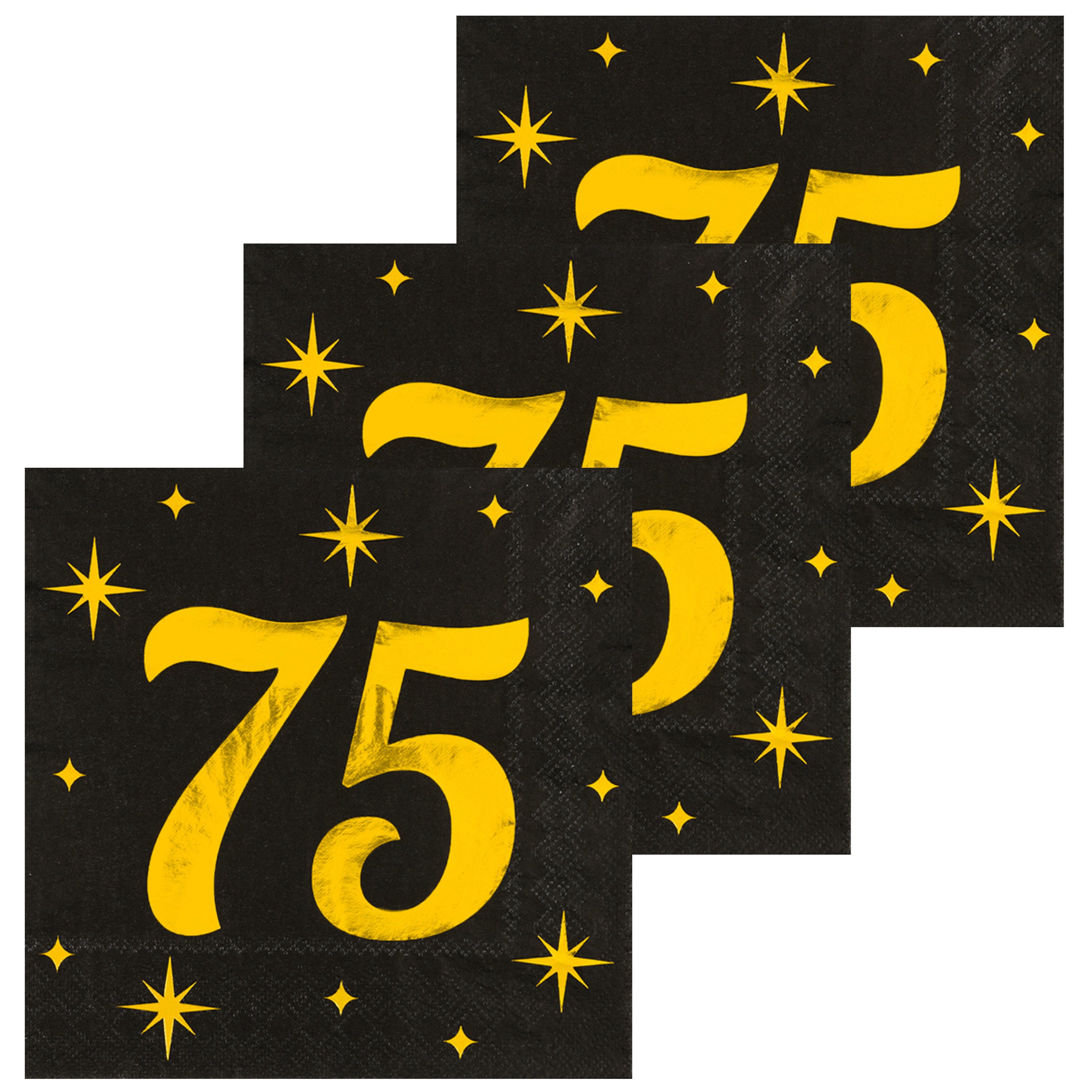 Paperdreams Verjaardag feest servetten - leeftijd 75 jaar - 48x stuks - zwart/goud - sterren - 33 x 33 cm -