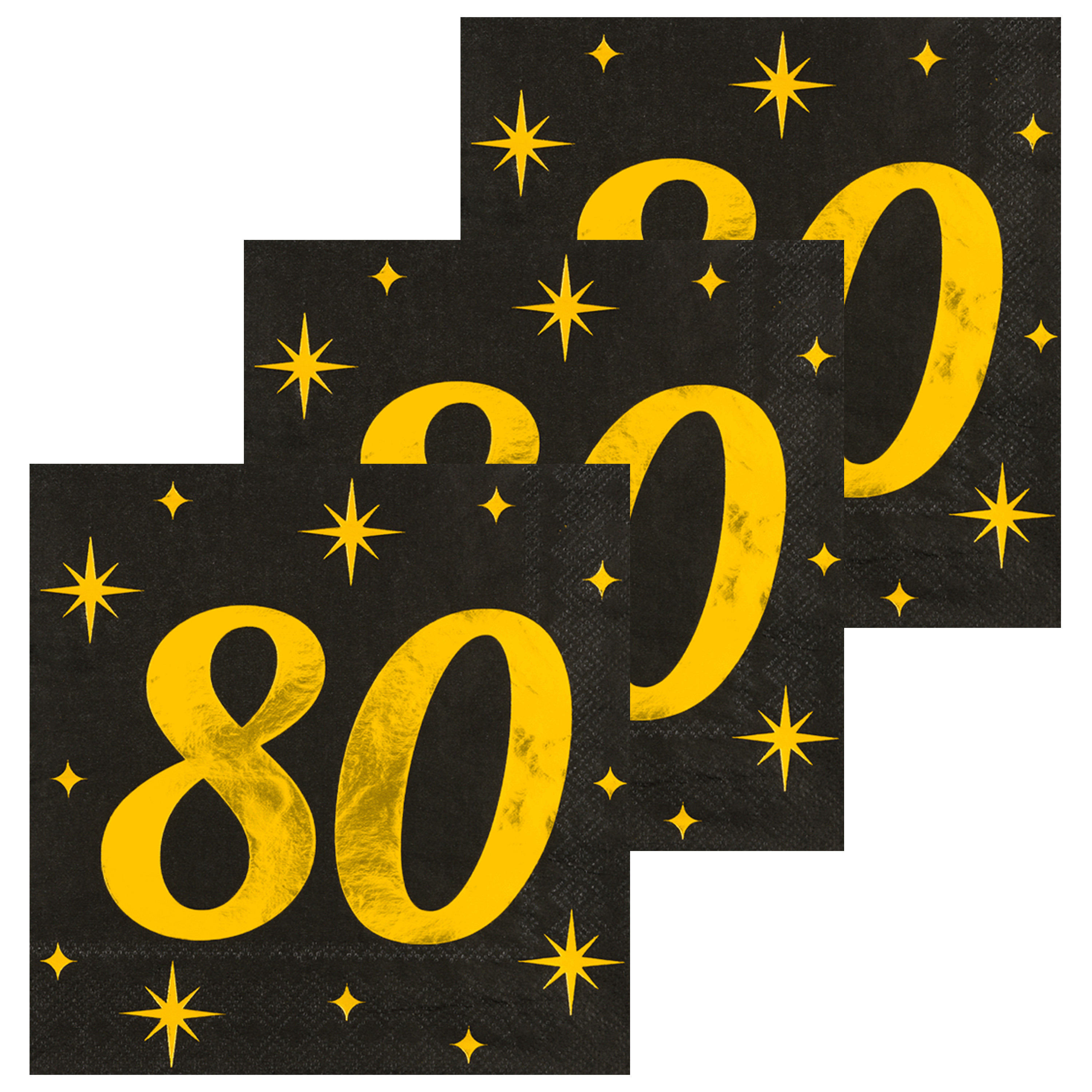 Paperdreams Verjaardag feest servetten - leeftijd 80 jaar - 48x stuks - zwart/goud - sterren - 33 x 33 cm -