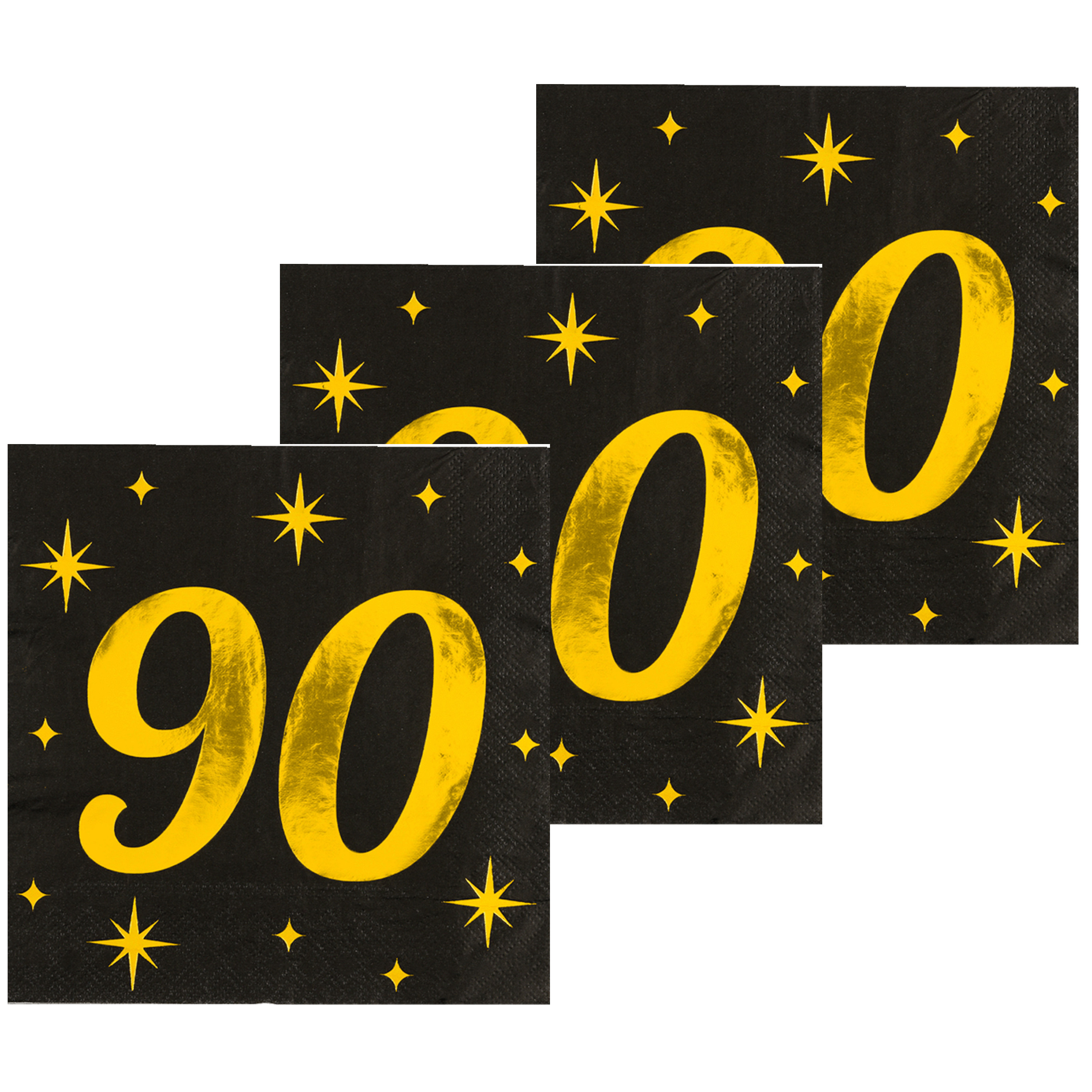 Paperdreams Verjaardag feest servetten - leeftijd 90 jaar - 48x stuks - zwart/goud - sterren - 33 x 33 cm -