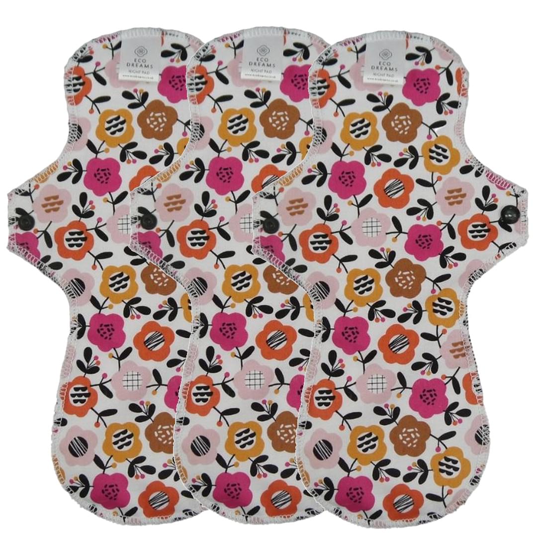 Menstruatiecups.nl Wasbaar maandverband en inlegkruisjes - Eco Dreams - extra dun (beschrijvin 3 stuks nacht maandverband Flowers on white (wit))