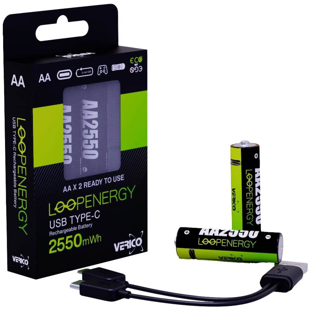 Verico LoopEnergy AA USB-C 2550mWh Oplaadbare batterij (USB-C) Li-ion 1700 mAh 1.5 V 2 stuk(s)