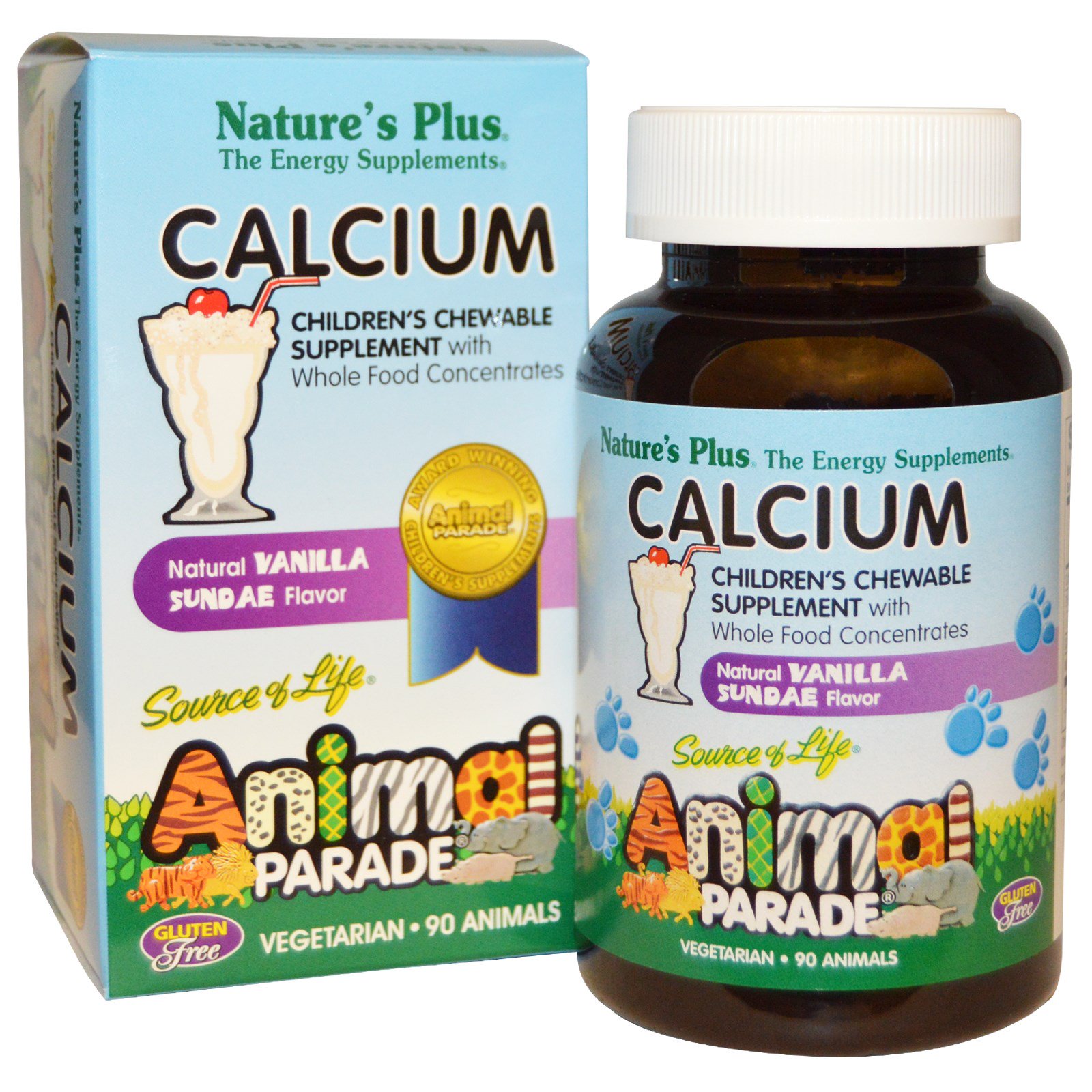 Nature's Plus Calcium, Children's Chewable Supplement, Natural Vanilla Sundae Flavor (90 Animals) - 