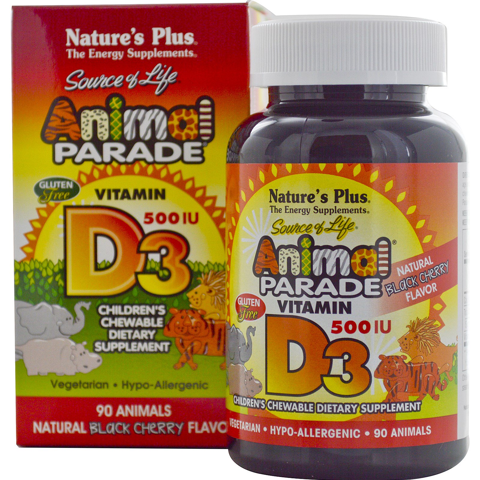 Nature's Plus Vitamin D3, Natural Black Cherry Flavor, 500 IU (90 Animals) - 