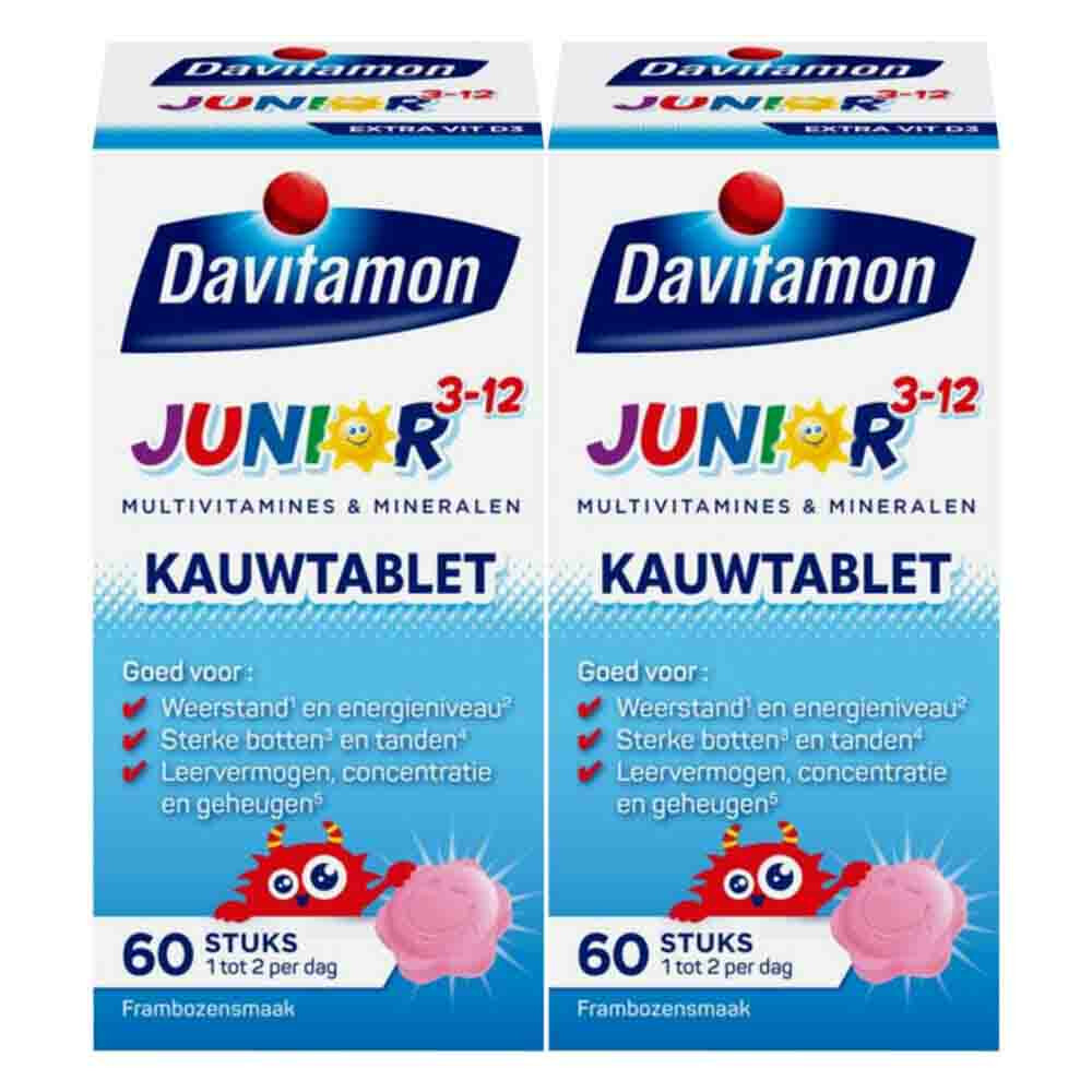 Davitamon Gratis Verzending: 2x  Junior 3+ Kauwvitamines Framboos 60 kauwtabletten