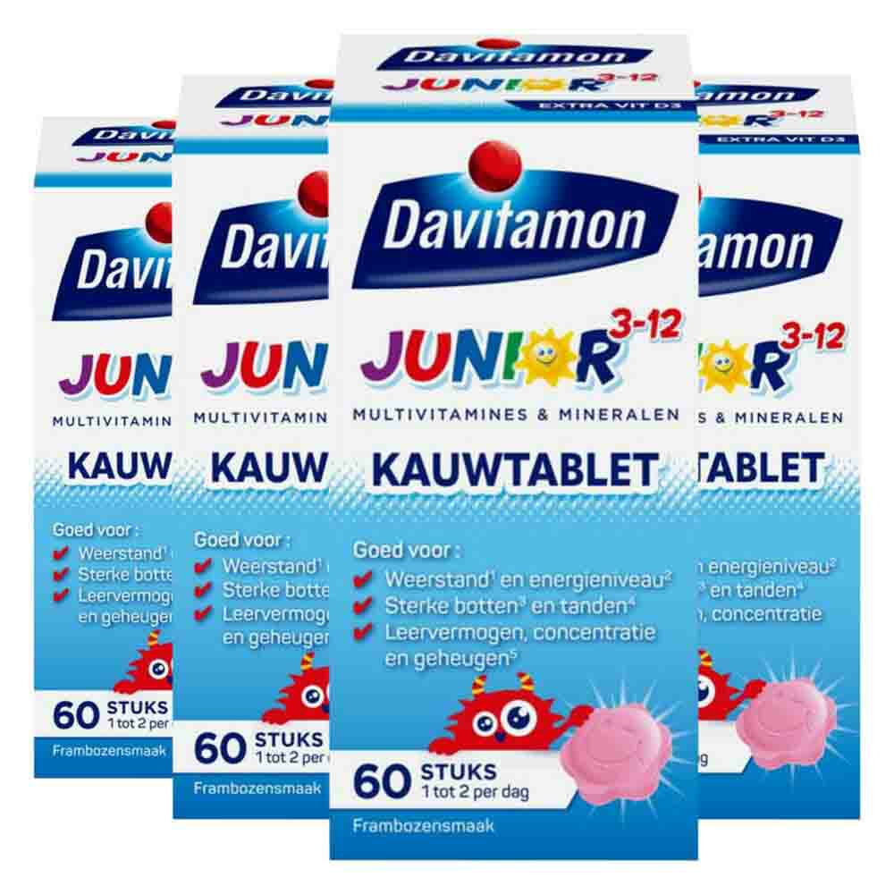 Davitamon Gratis Verzending: 4x  Junior 3+ Kauwvitamines Framboos 60 kauwtabletten