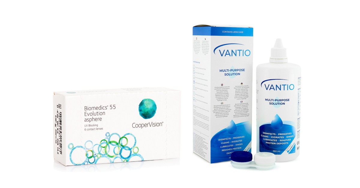 Biomedics 55 Evolution CooperVision (6 lenzen) + Vantio Multi-Purpose 360 ml met lenzendoosje