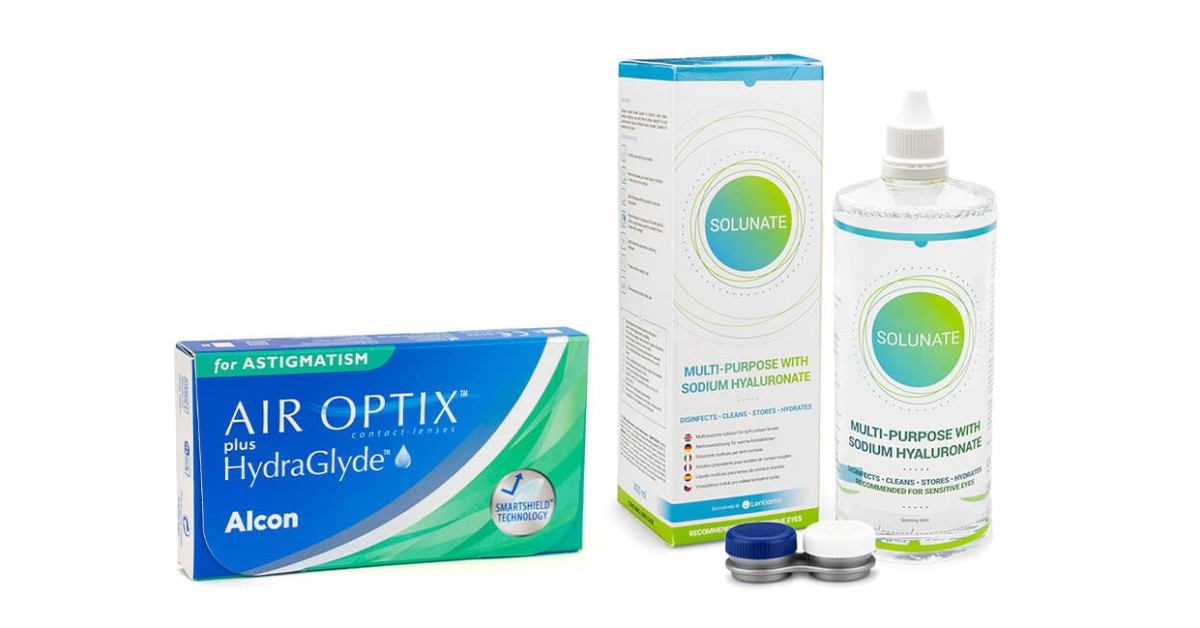 Air Optix Plus Hydraglyde for Astigmatism (3 lenzen) + Solunate Multi-Purpose 400 ml met lenzendoosje